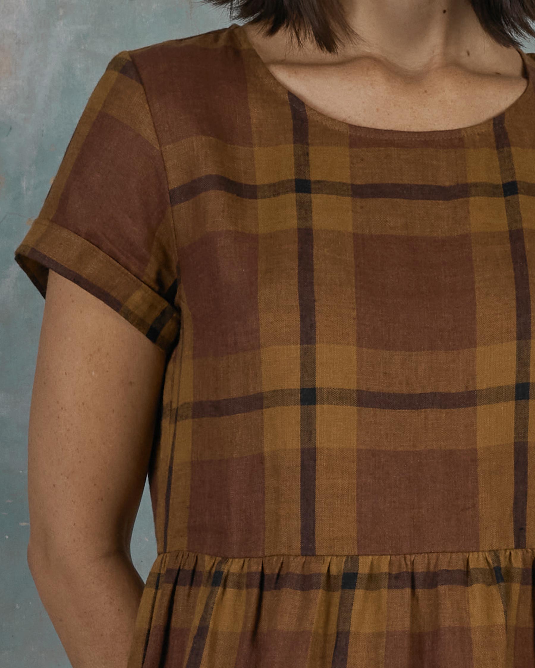 No.17 Full Length Linen Tea Dress in Tobacco Plaid