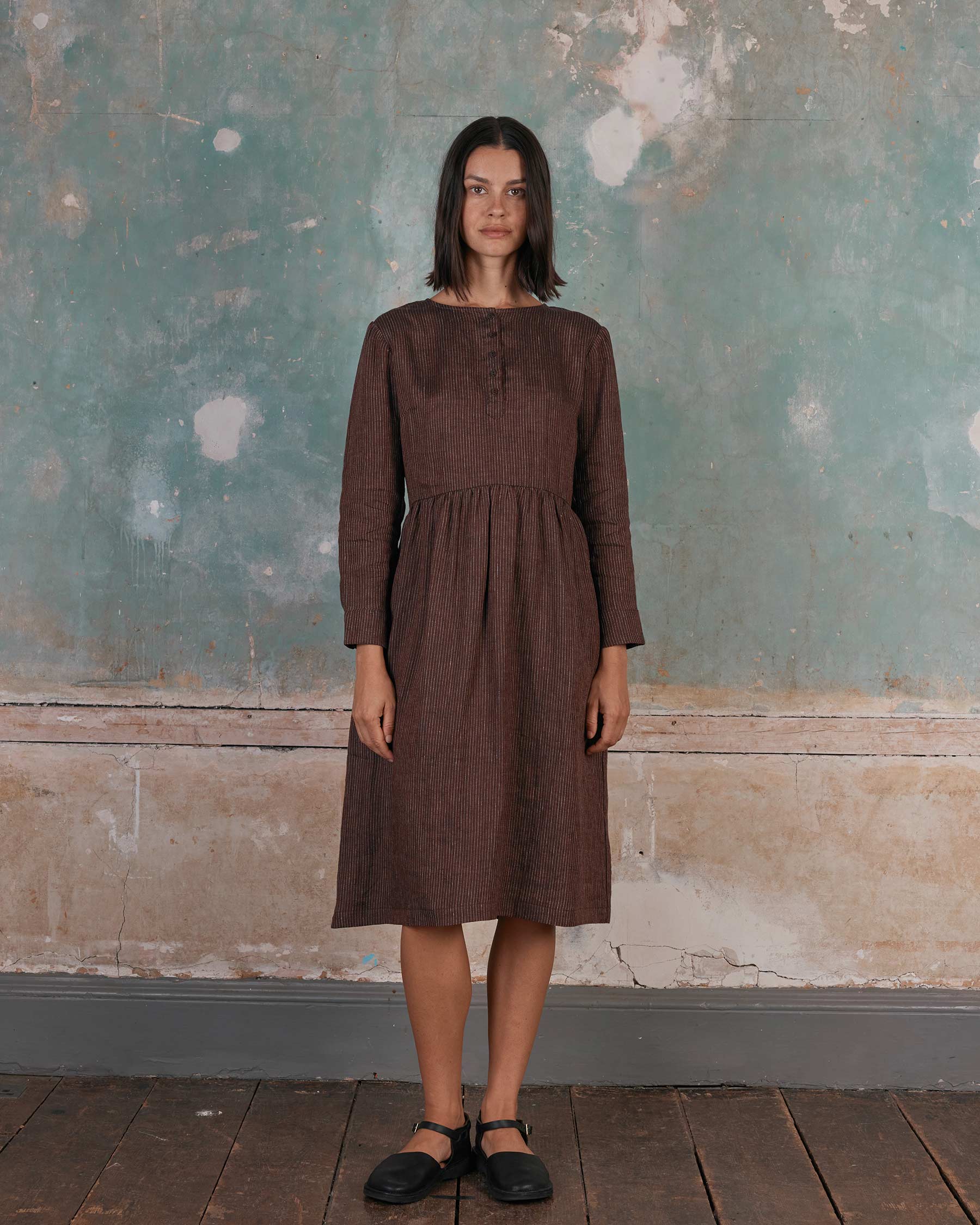No.18 Long Sleeve, Midi Linen Dress in Turkish Coffee Stripe