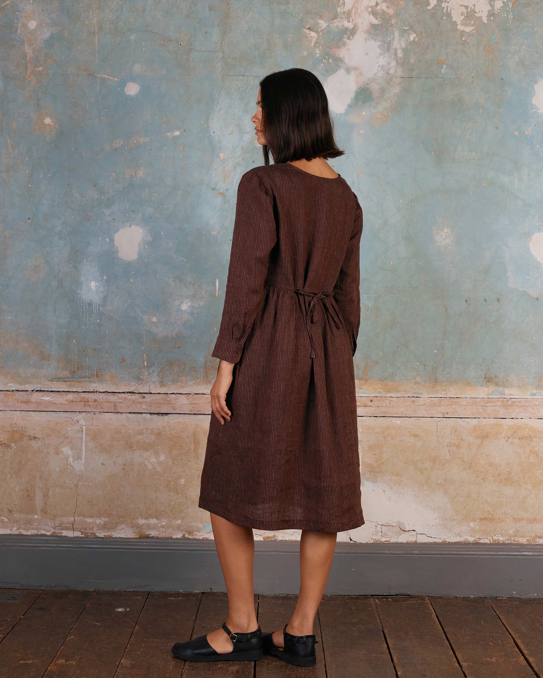 No.18 Long Sleeve, Midi Linen Dress in Turkish Coffee Stripe