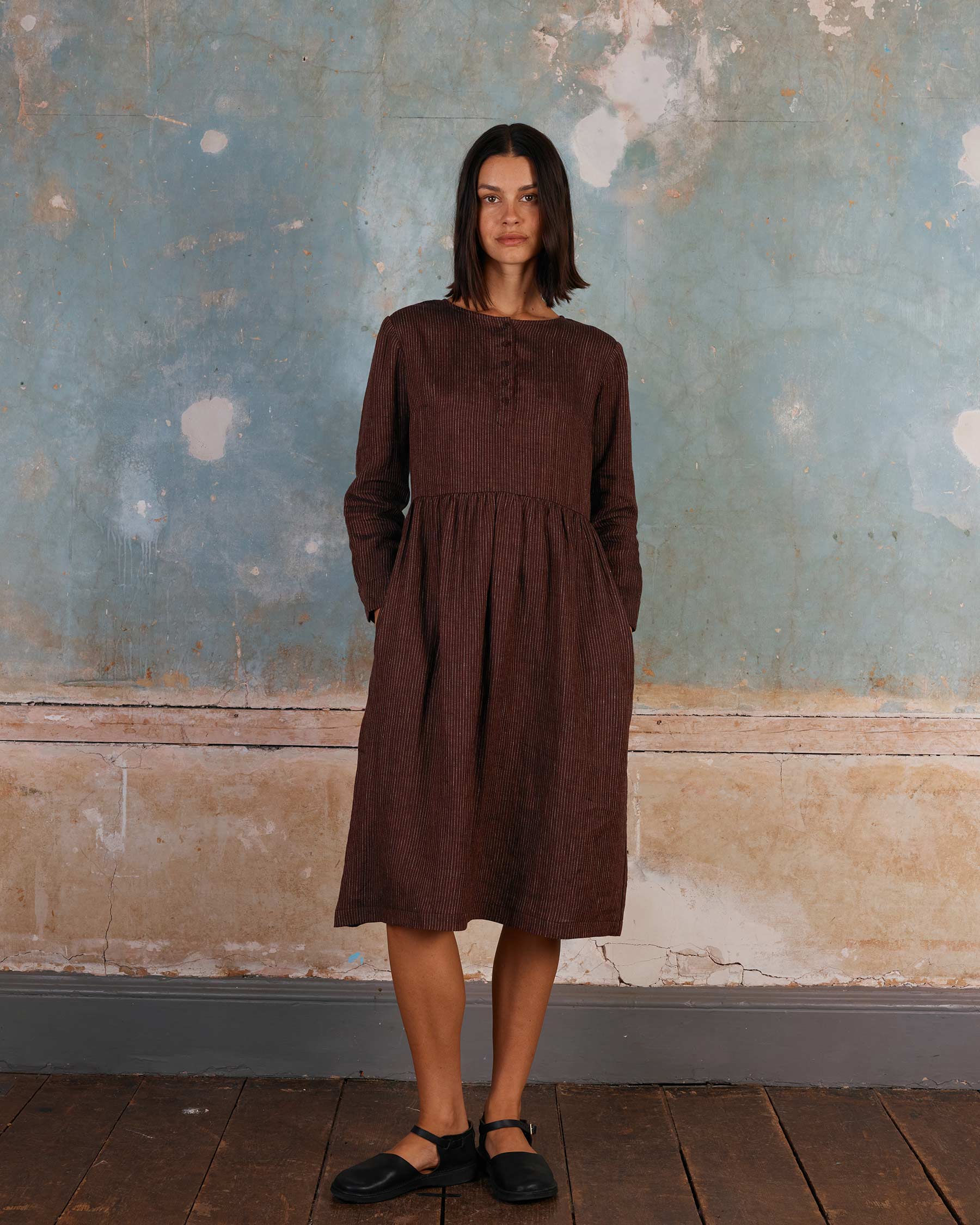 No.18 Long Sleeve, Midi Linen Dress in Turkish Coffee Stripe