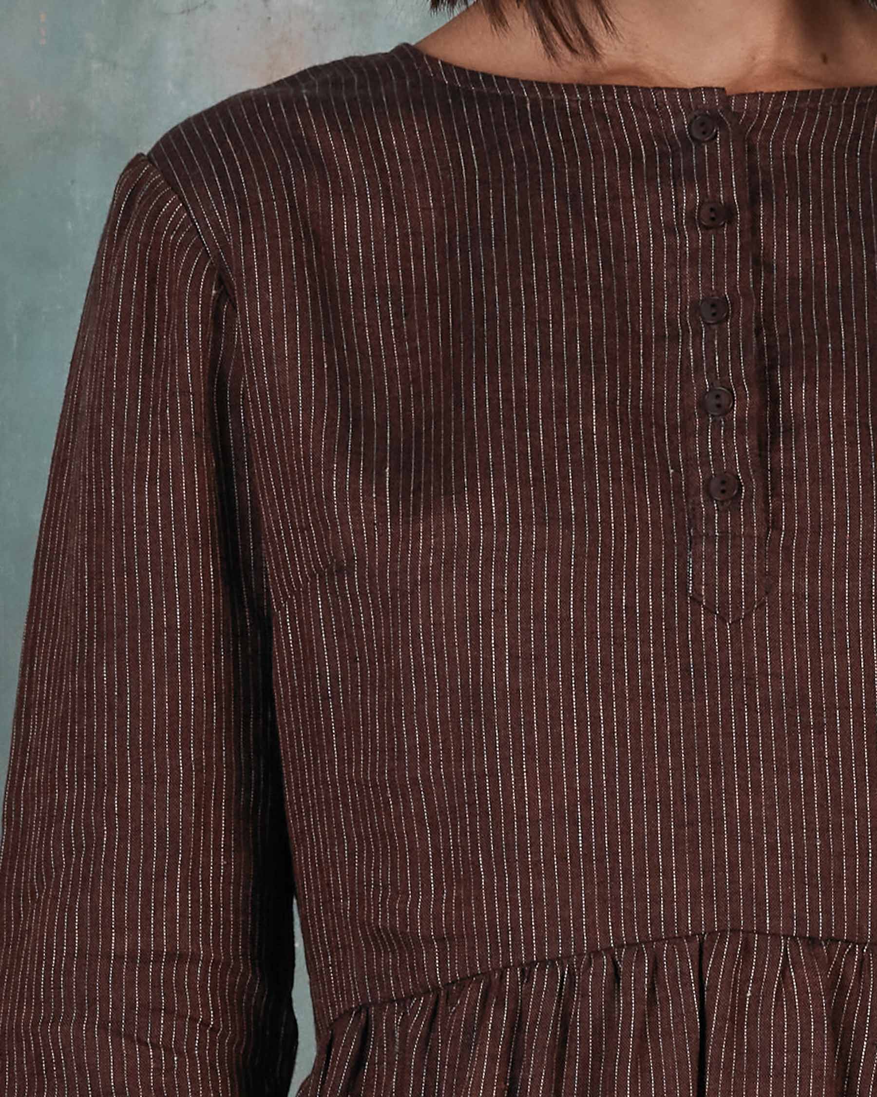 No.18 Long Sleeve, Midi Linen Dress in Turkish Coffee Stripe