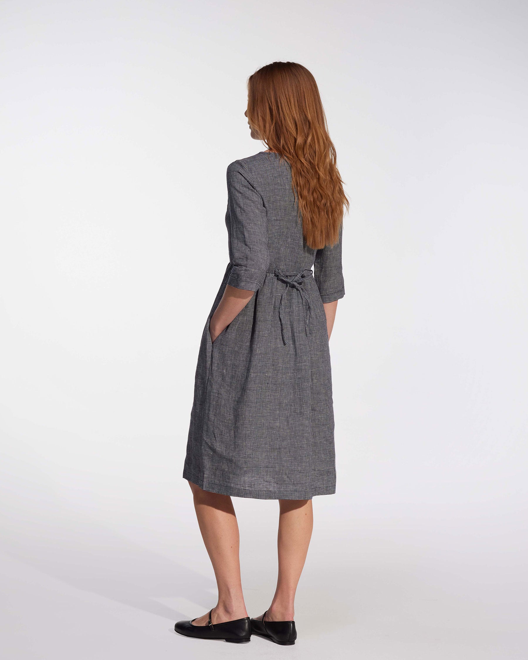 Linen Midi Dress in Navy and Cream Check | Pyne & Smith Linen Midi Dress in Navy and Cream Check | Pyne & Smith