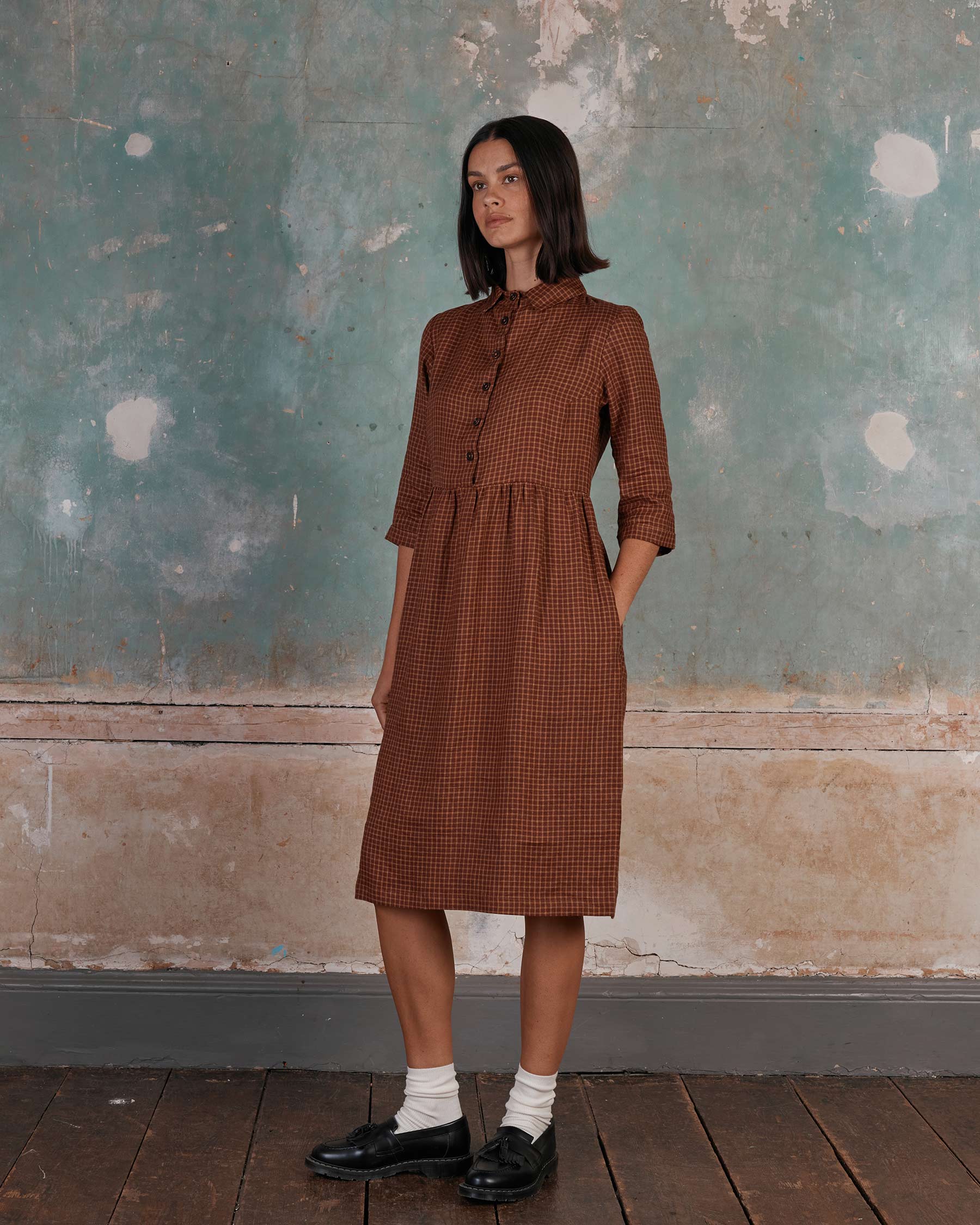 No.22 Collared, Button up Linen Dress in Kentish Town Check