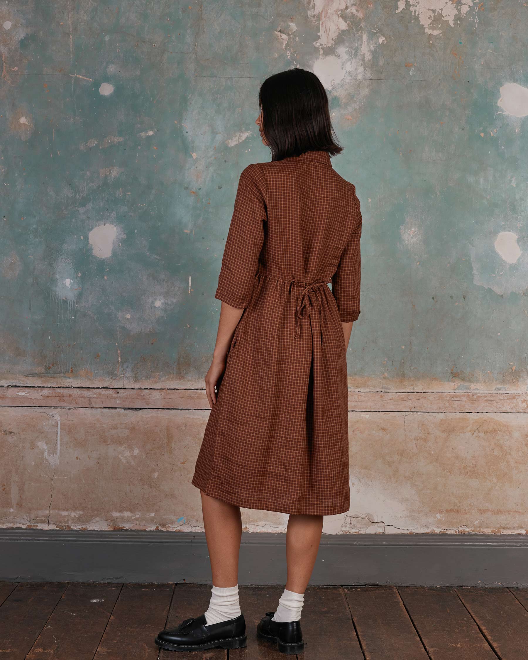 No.22 Collared, Button up Linen Dress in Kentish Town Check