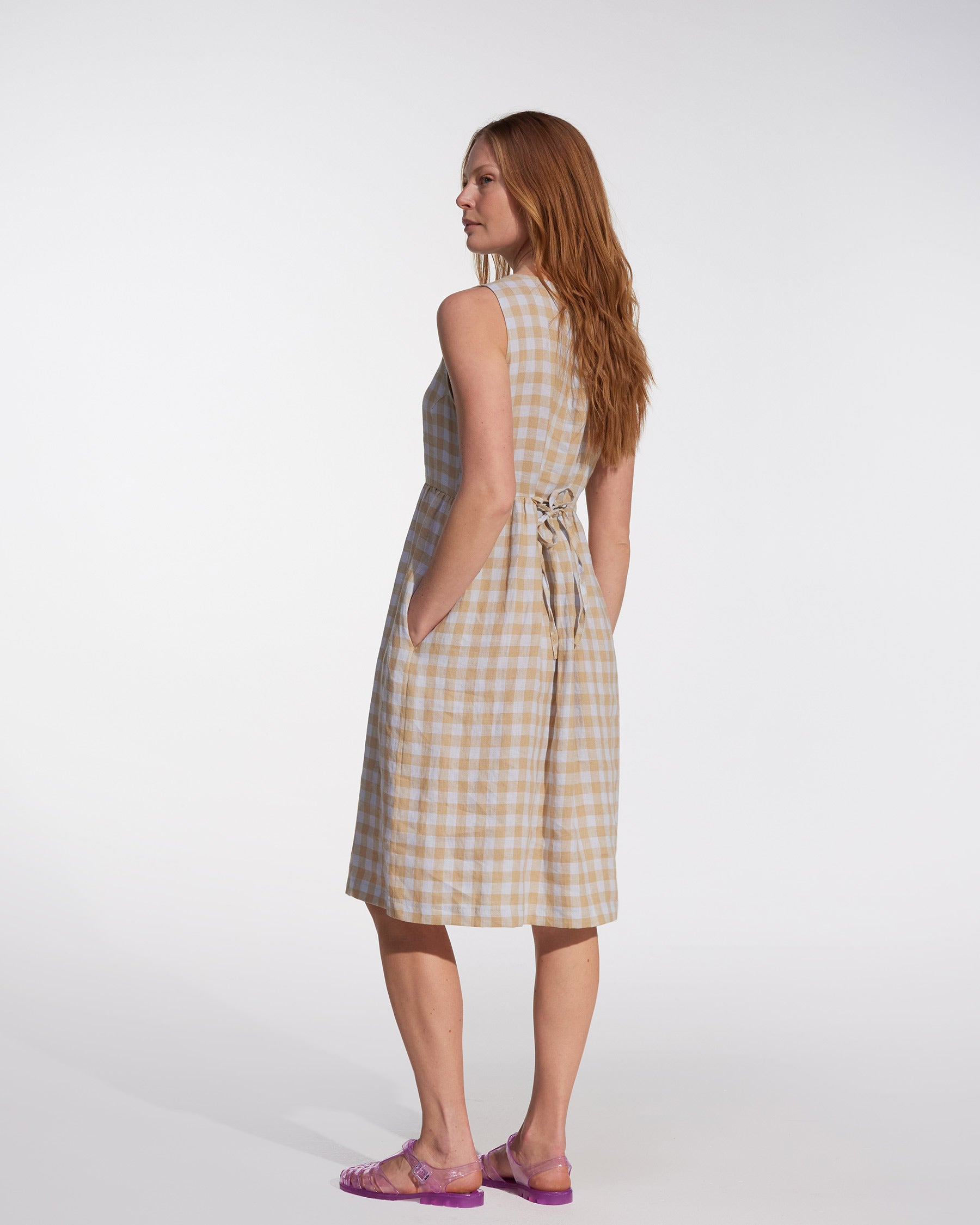 No.24 Sleeveless, button up Linen Dress in St. Agnes Check | Pyne & Smith Clothiers
