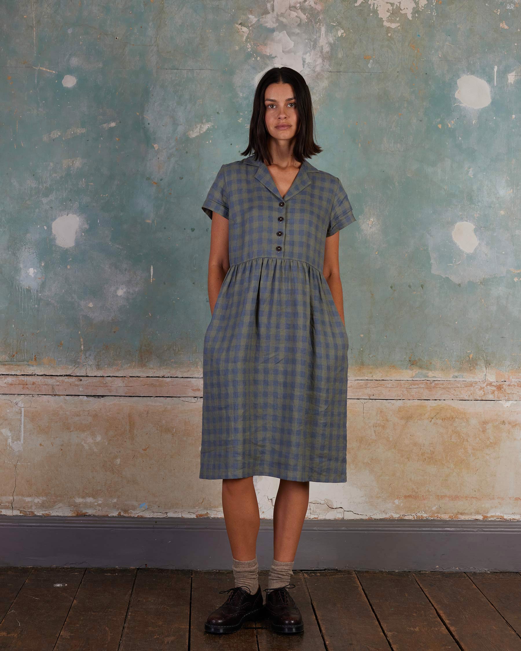 No.30 Collared Linen Dress in Emilie Check