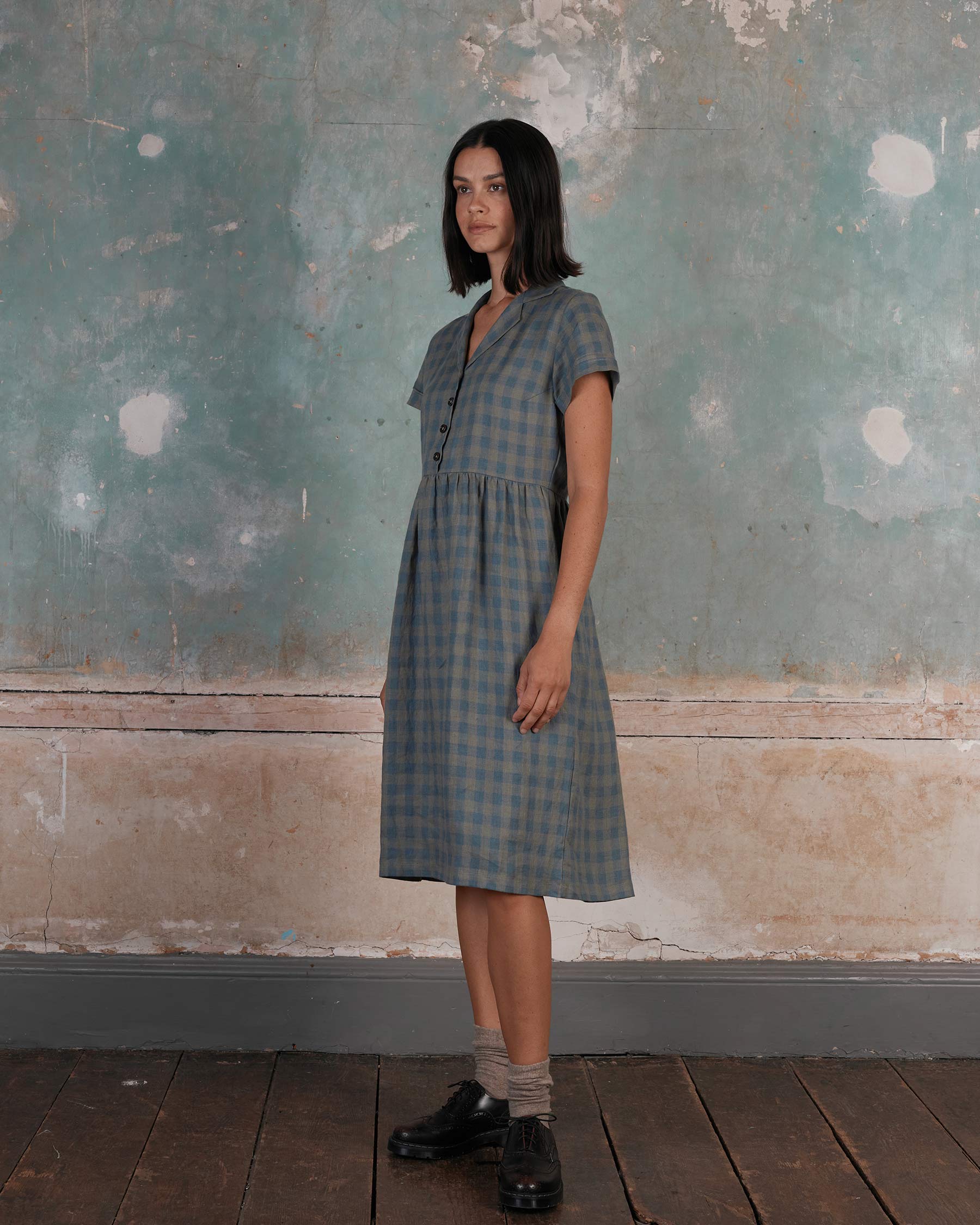 No.30 Collared Linen Dress in Emilie Check
