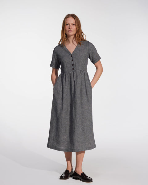 V-Neck Linen Dress in Navy Check Linen