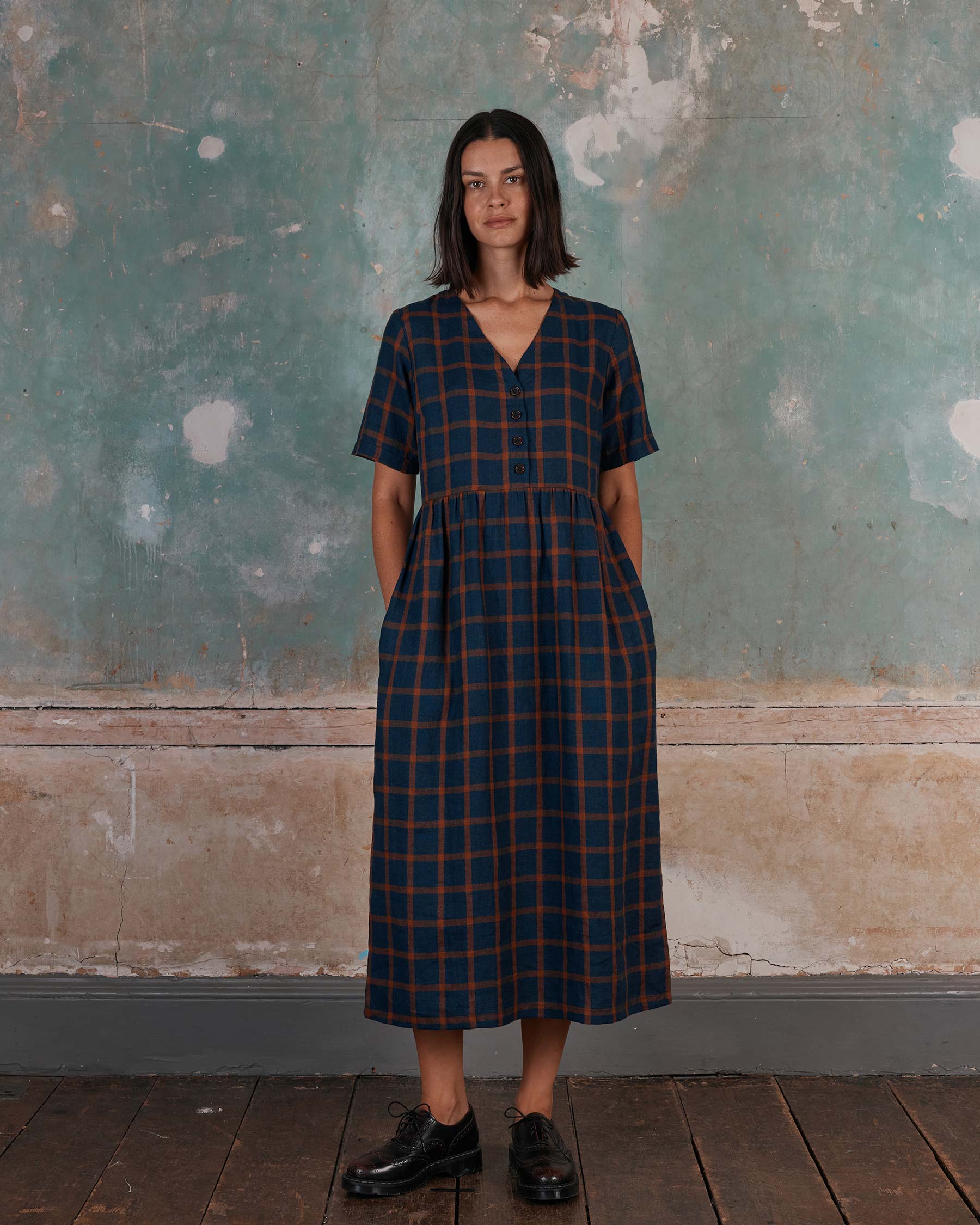 No.31 V Neck, Full Length Linen Dress in Montague Windowpane