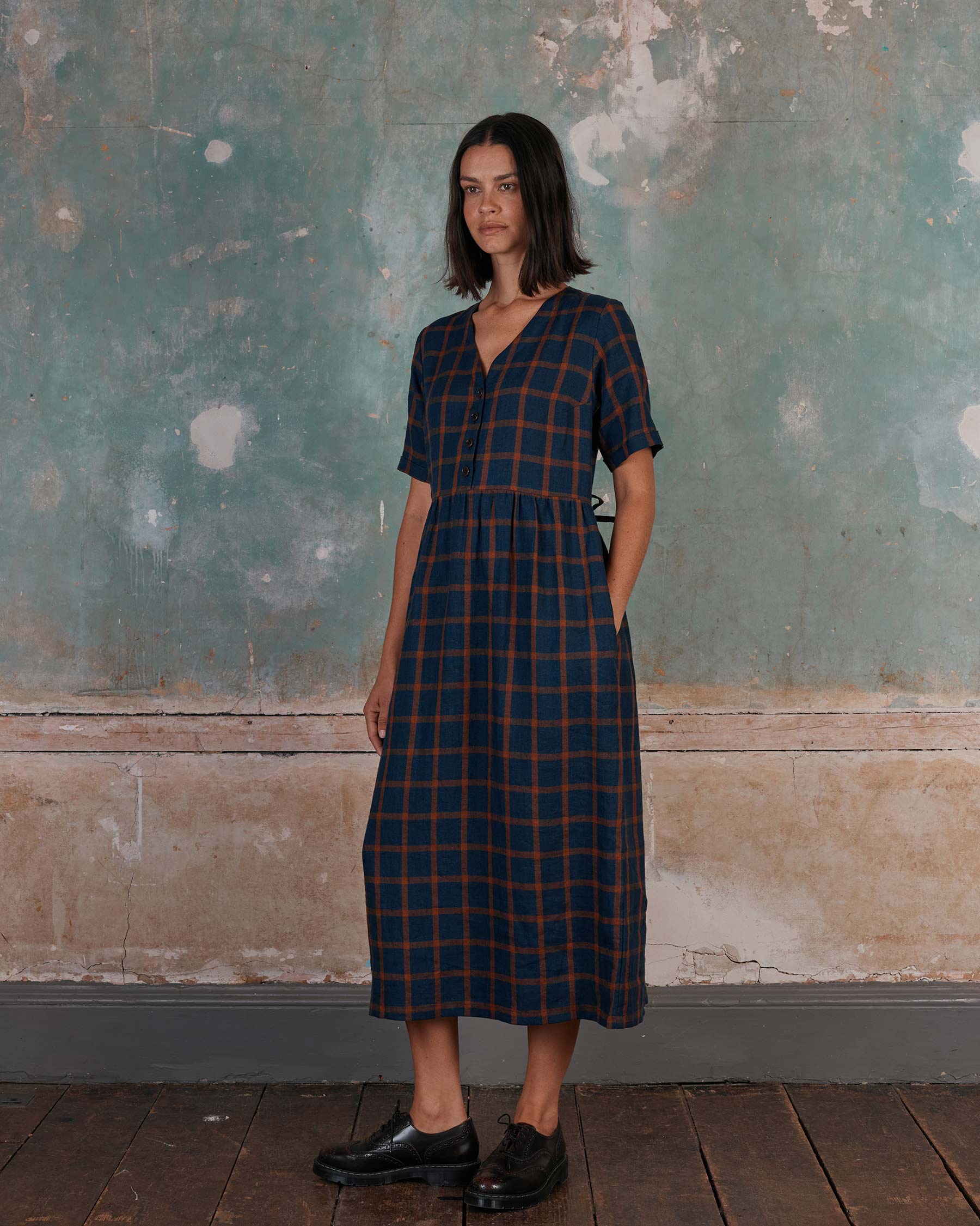 No.31 V Neck, Full Length Linen Dress in Montague Windowpane