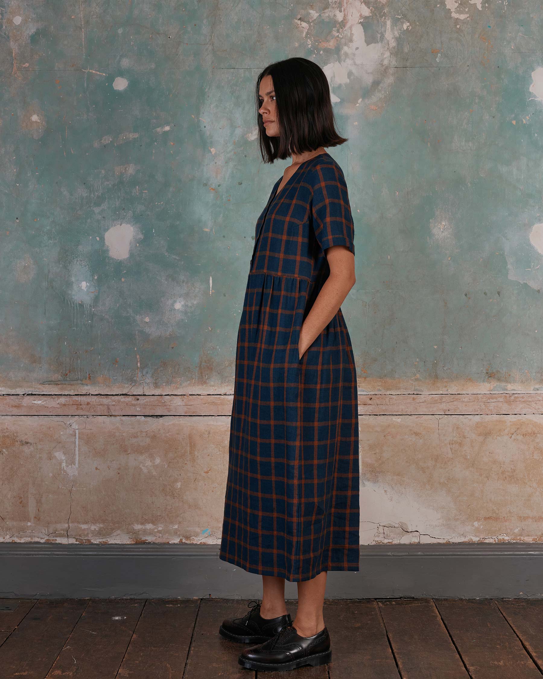 No.31 V Neck, Full Length Linen Dress in Montague Windowpane