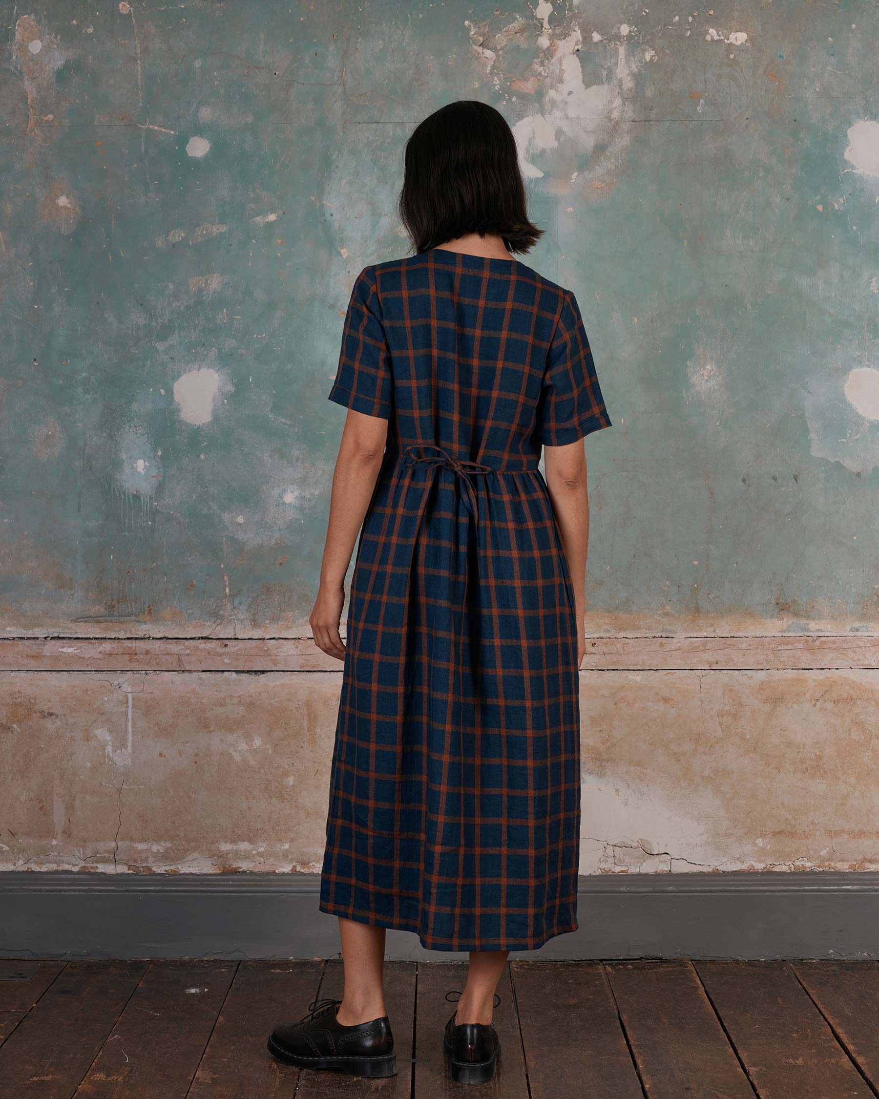 No.31 V Neck, Full Length Linen Dress in Montague Windowpane