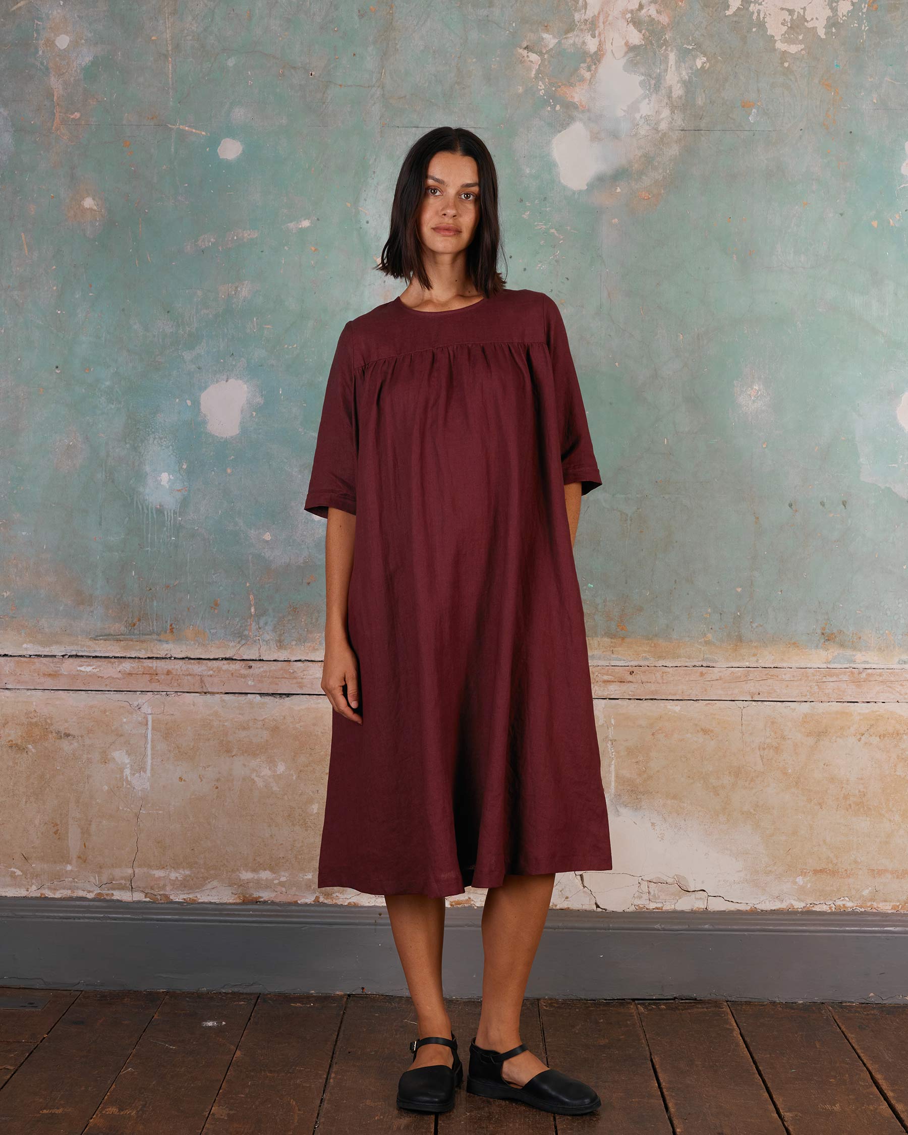 No.35 Maxi Length Linen Dress in Tawny Port