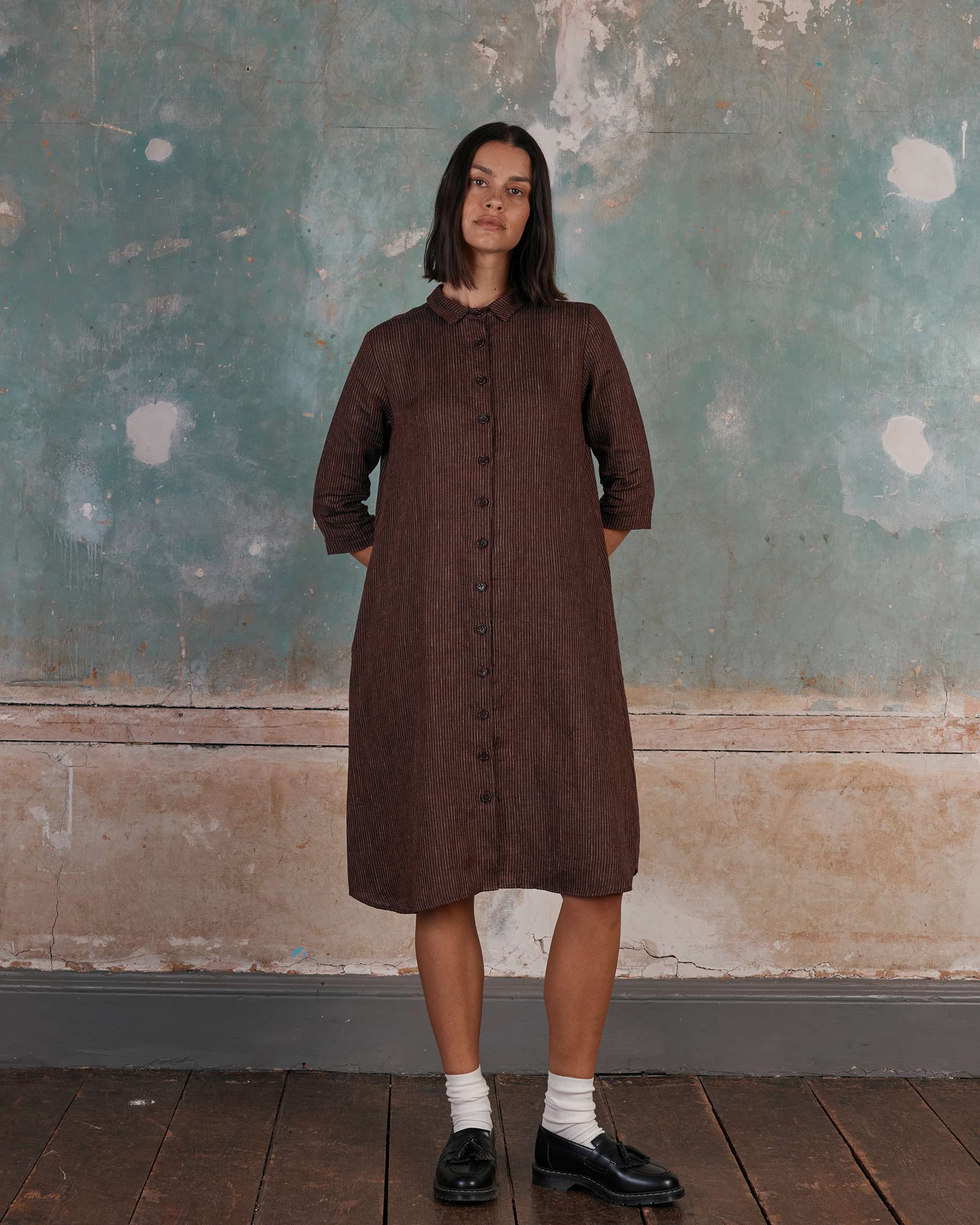 No.39 The Linen Shirtdress in Turkish Coffee Stripe
