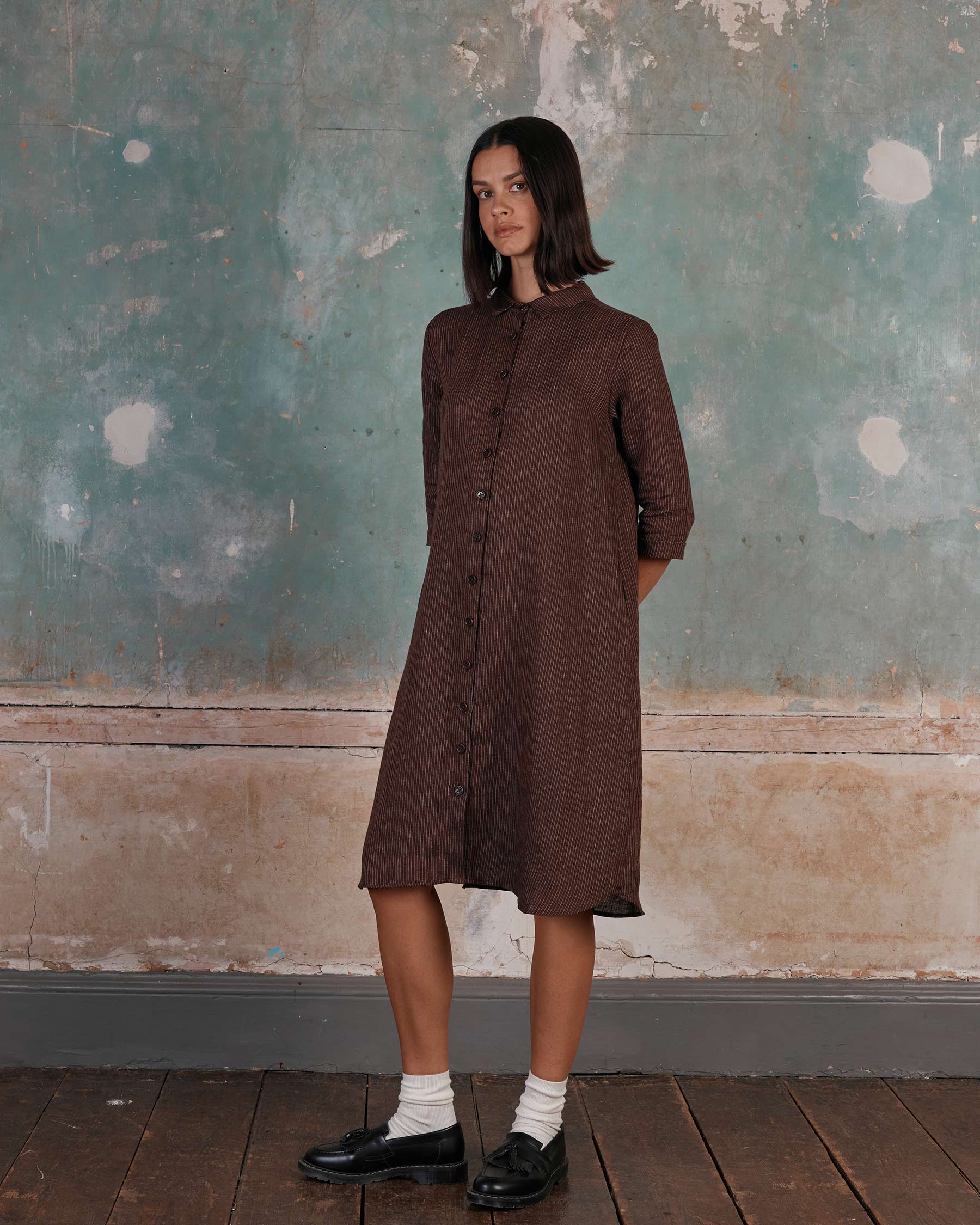 No.39 The Linen Shirtdress in Turkish Coffee Stripe