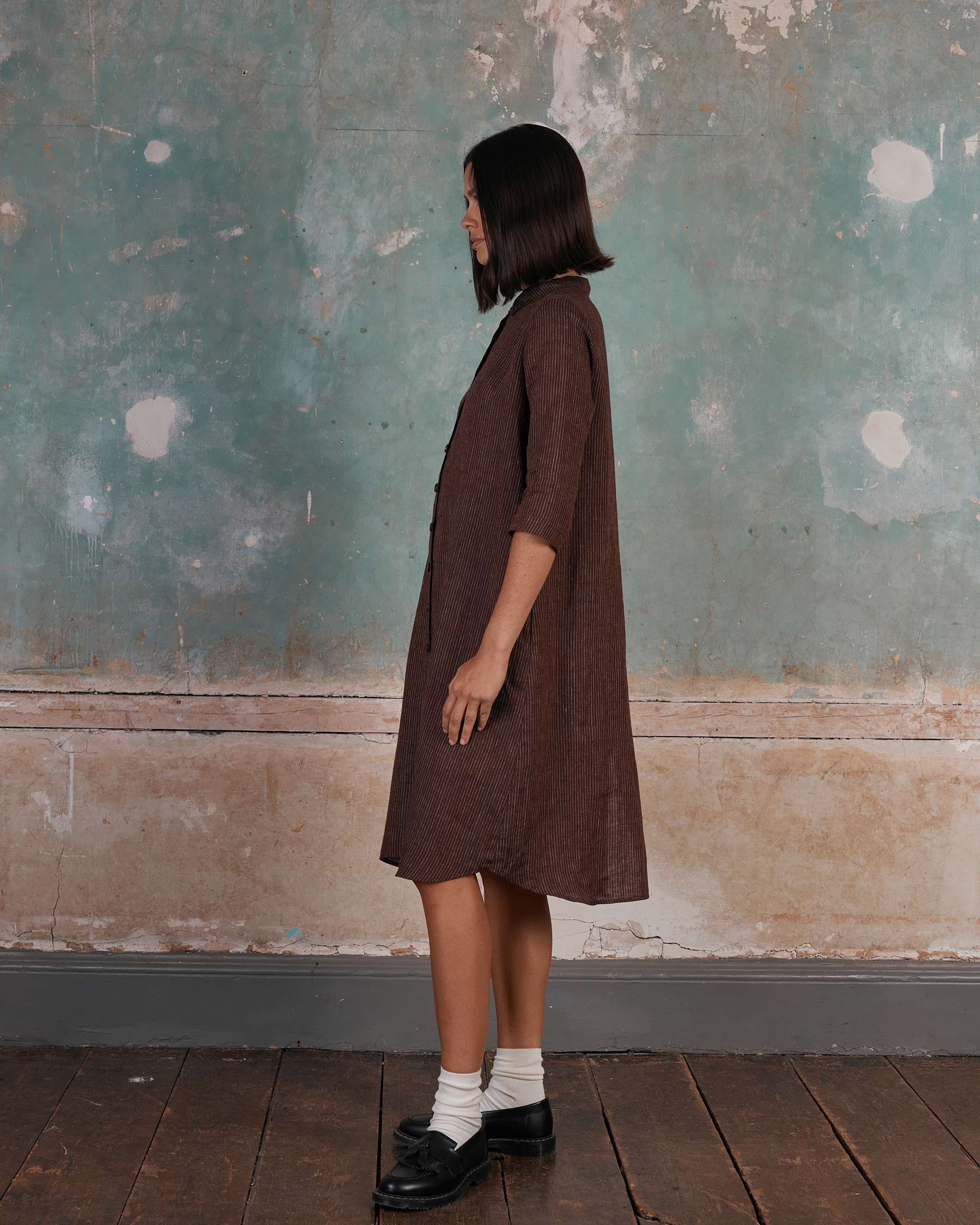 No.39 The Linen Shirtdress in Turkish Coffee Stripe