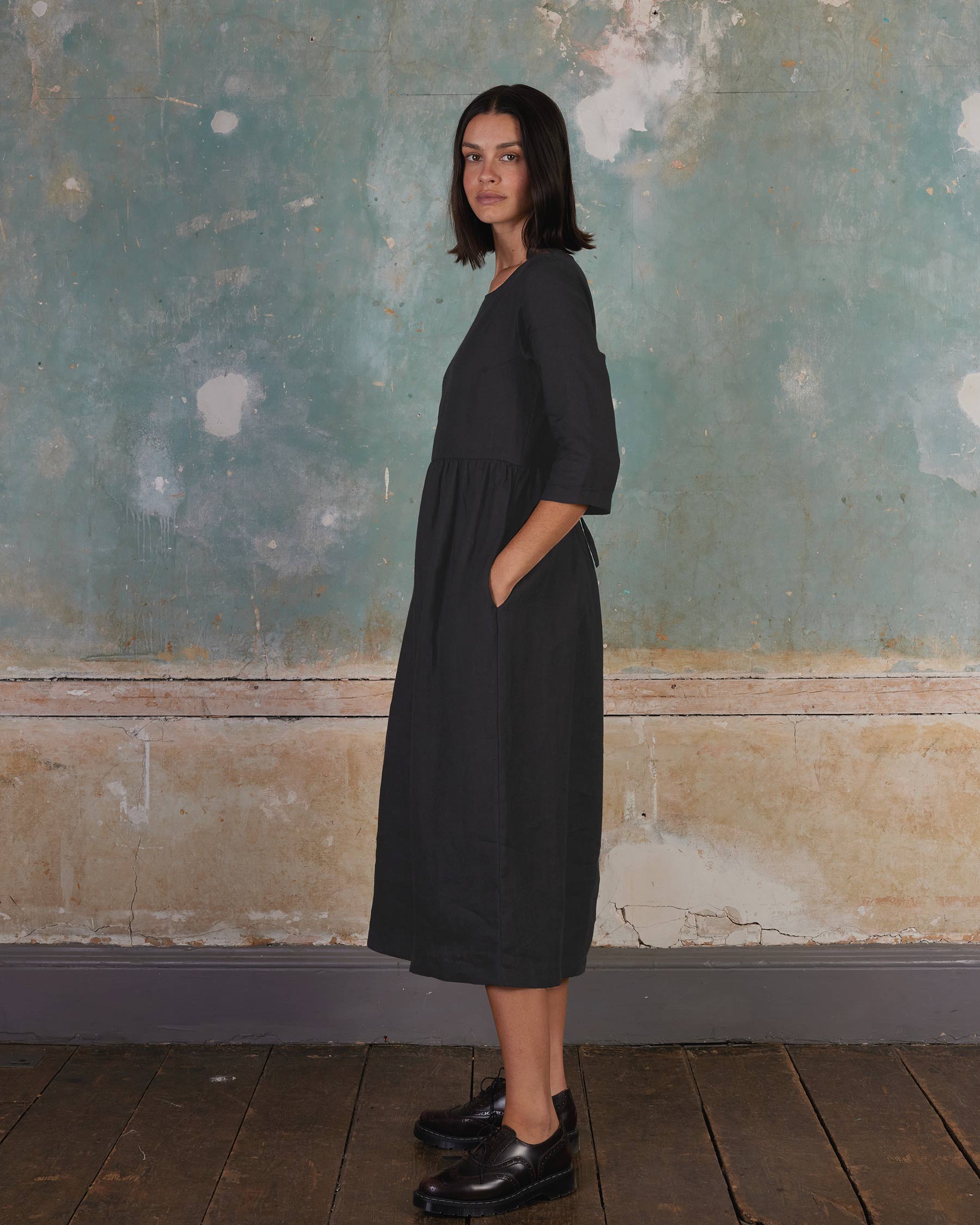 No.41 Full Length Linen Day Dress in Solid Black