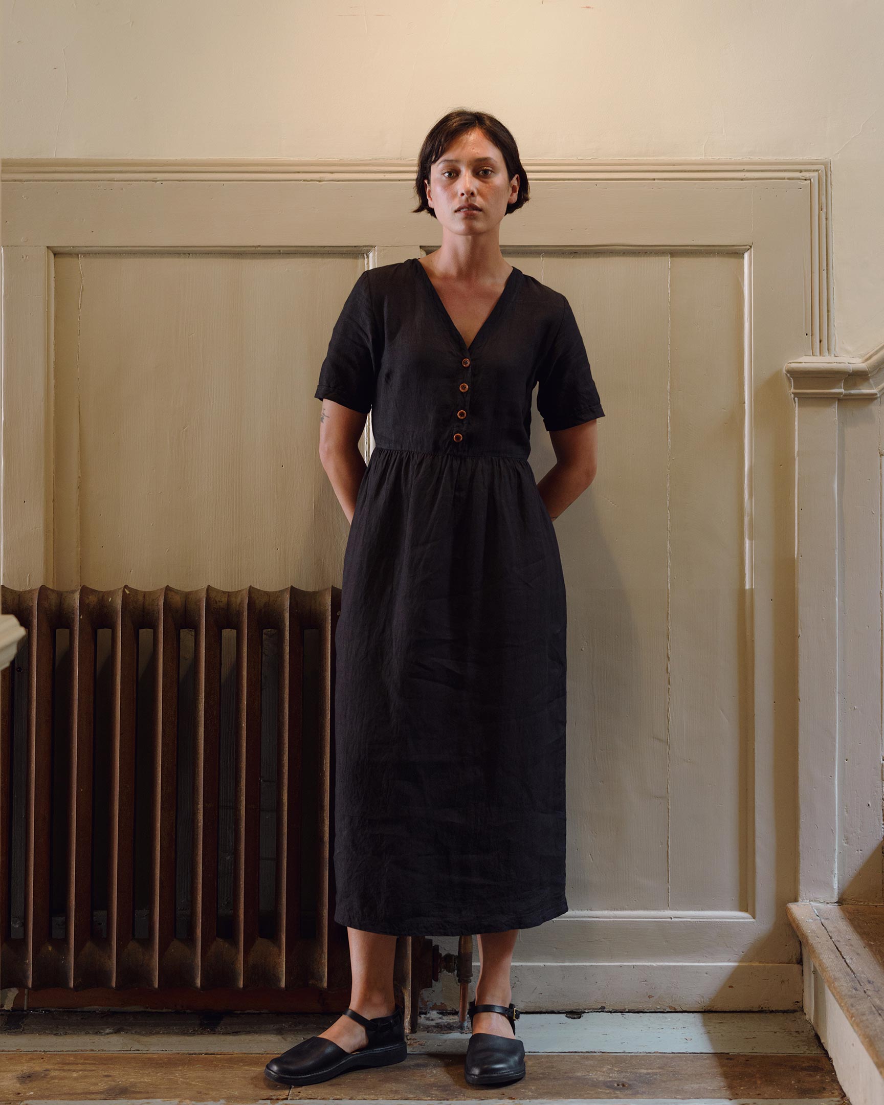 V Neck, Full Length Linen Dress in Black | Pyne & Smith
