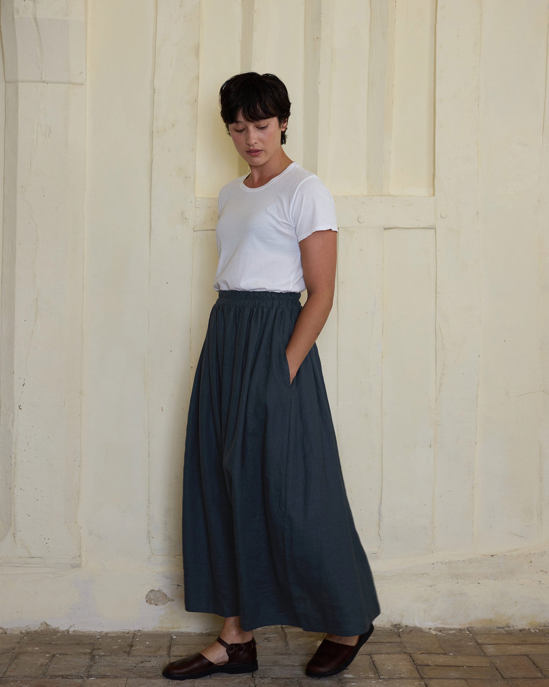 Linen Maxi Length Skirt No.12 in Green Gables