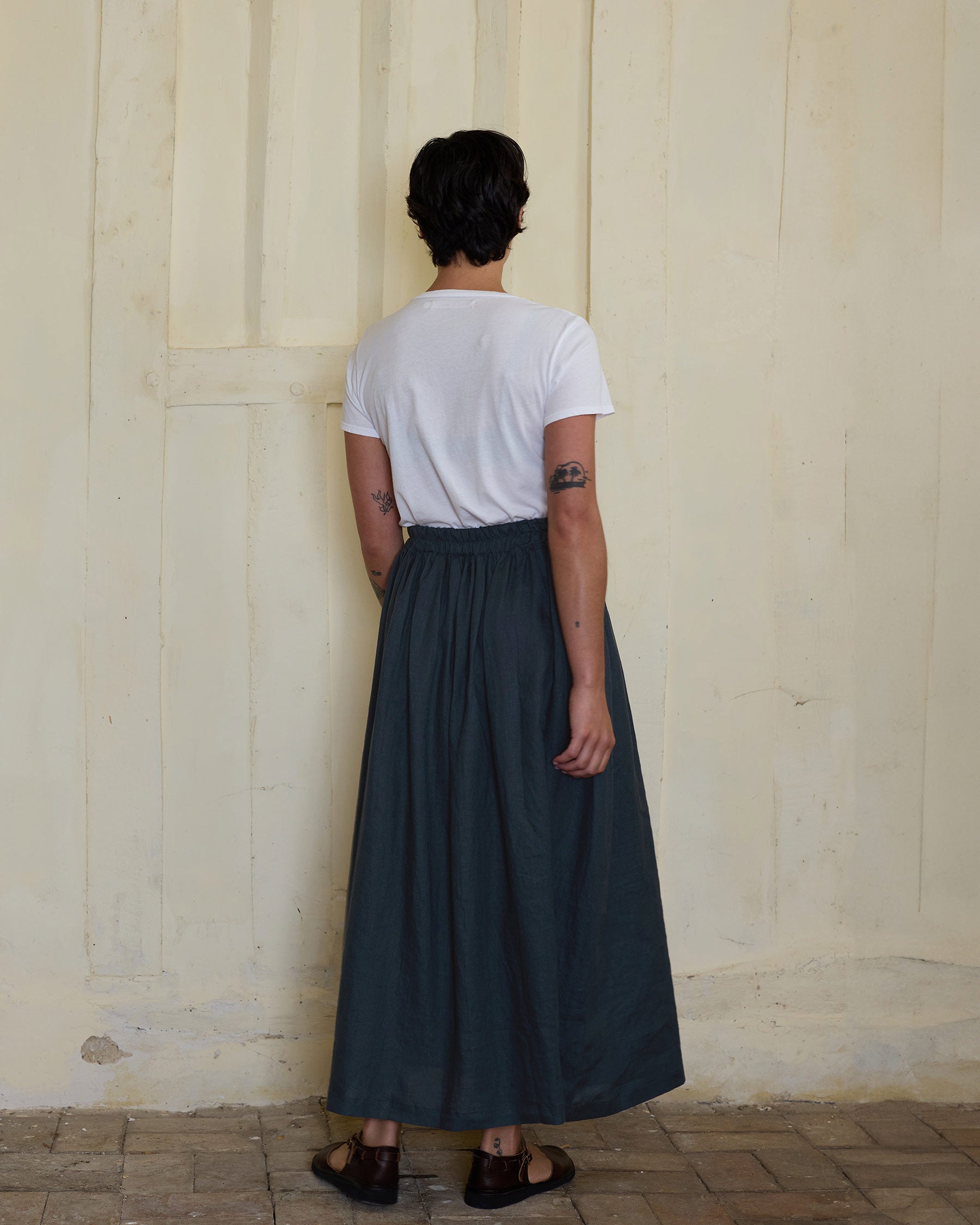 Linen Maxi Length Skirt No.12 in Green Gables