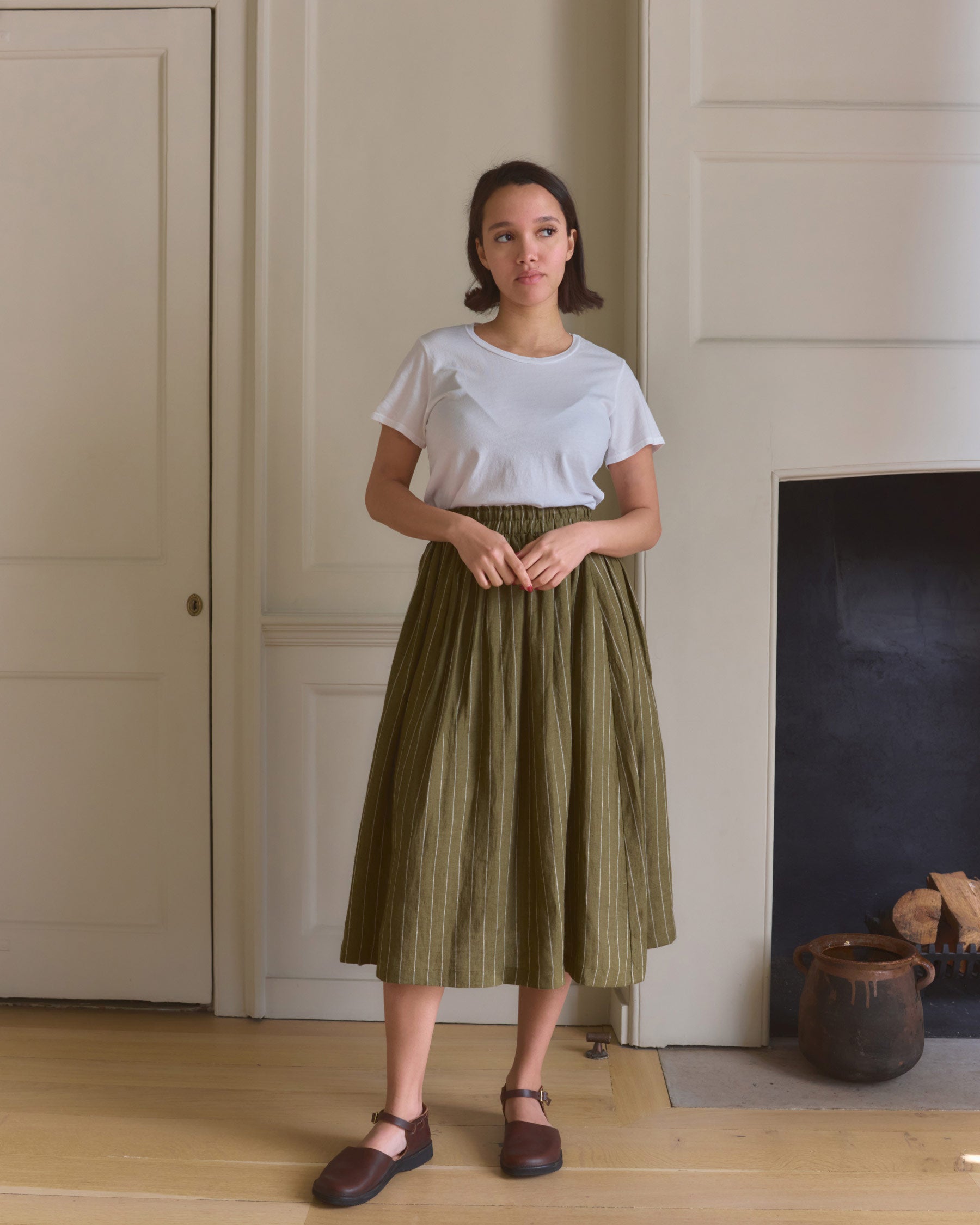 Linen Skirt No.11 in Kelp Green Stripe