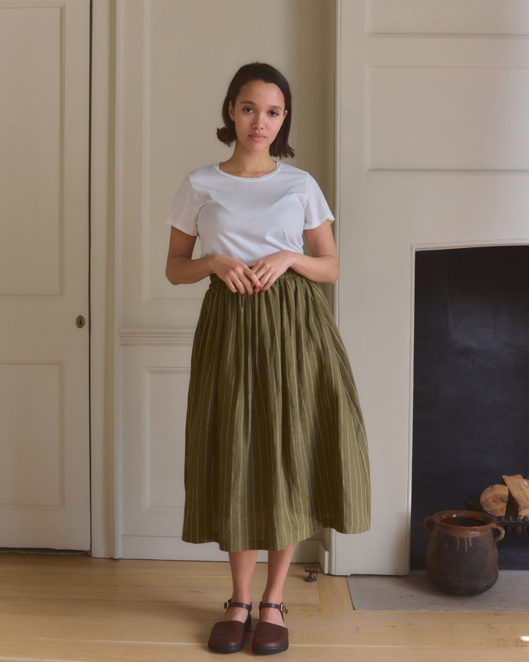 Linen Skirt No.11 in Kelp Green Stripe