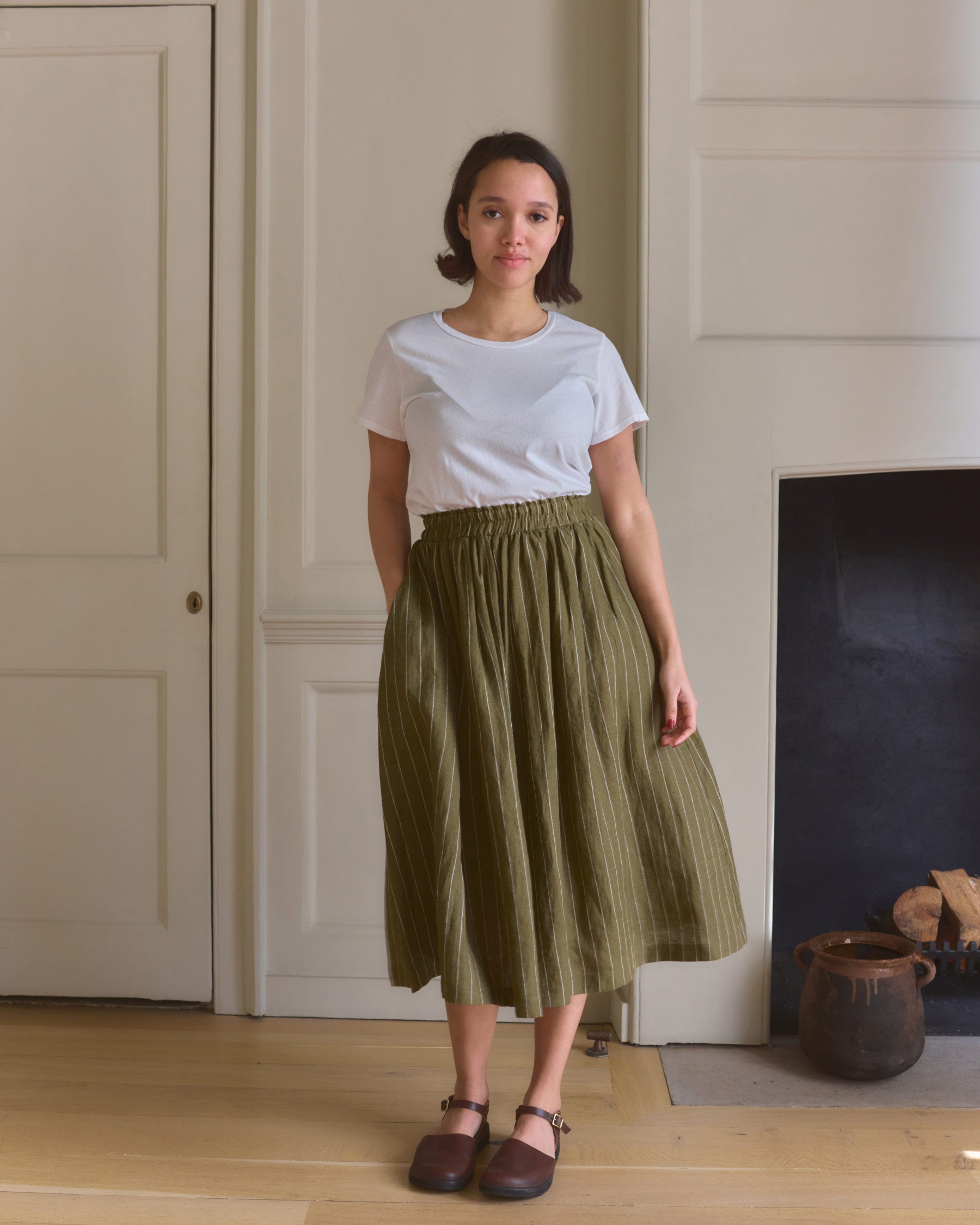 Linen Skirt No.11 in Kelp Green Stripe