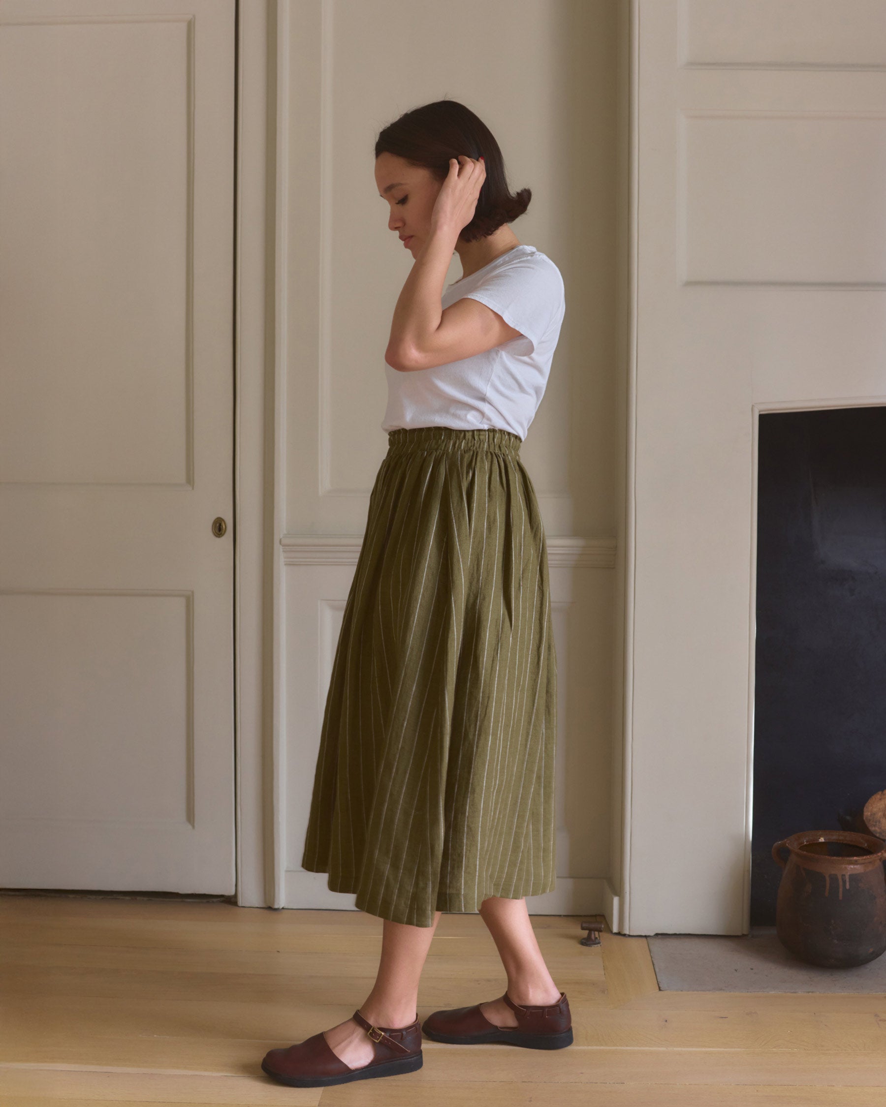 Linen Skirt No.11 in Kelp Green Stripe