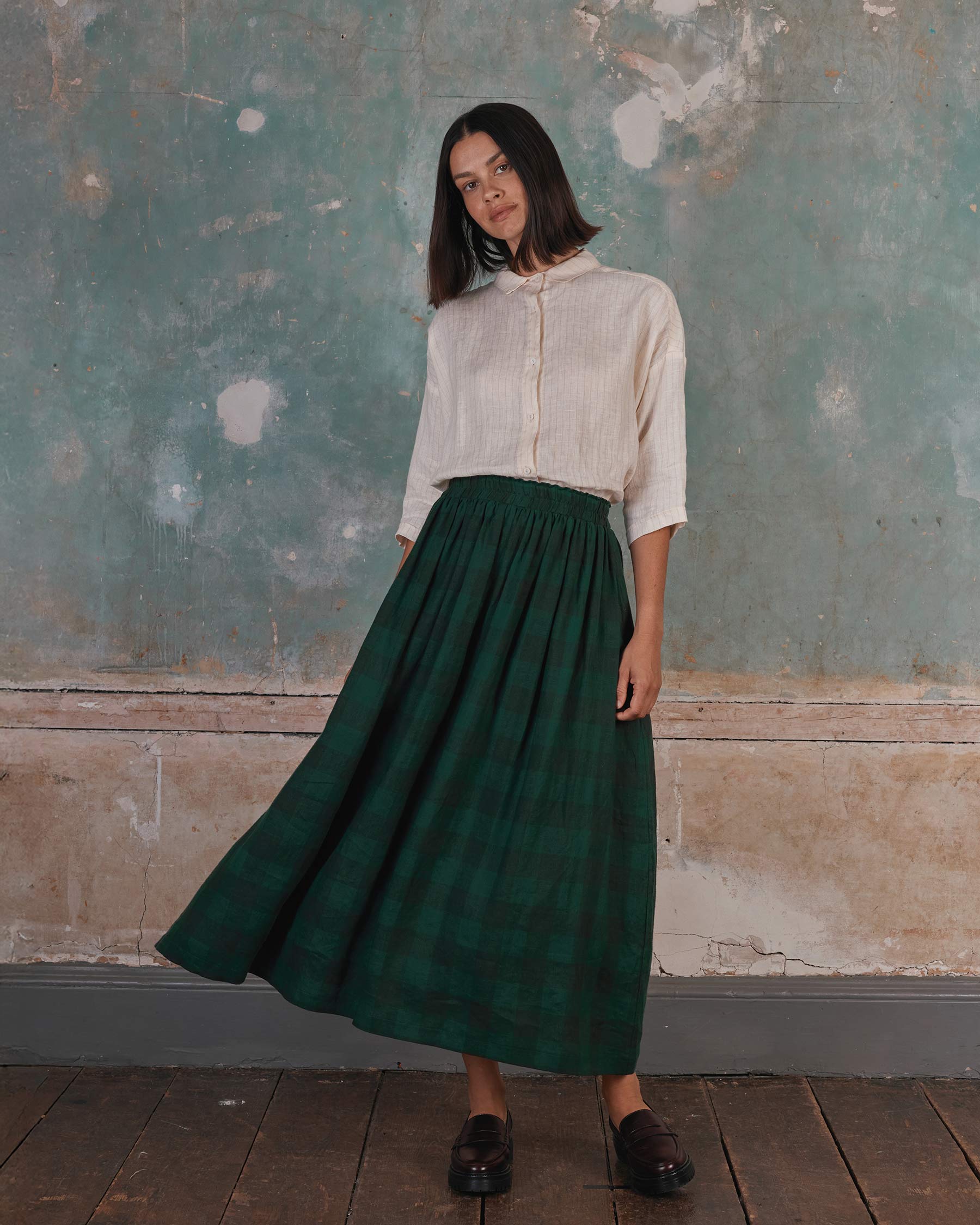 Linen Maxi Length Skirt No.12 in Woodland Green