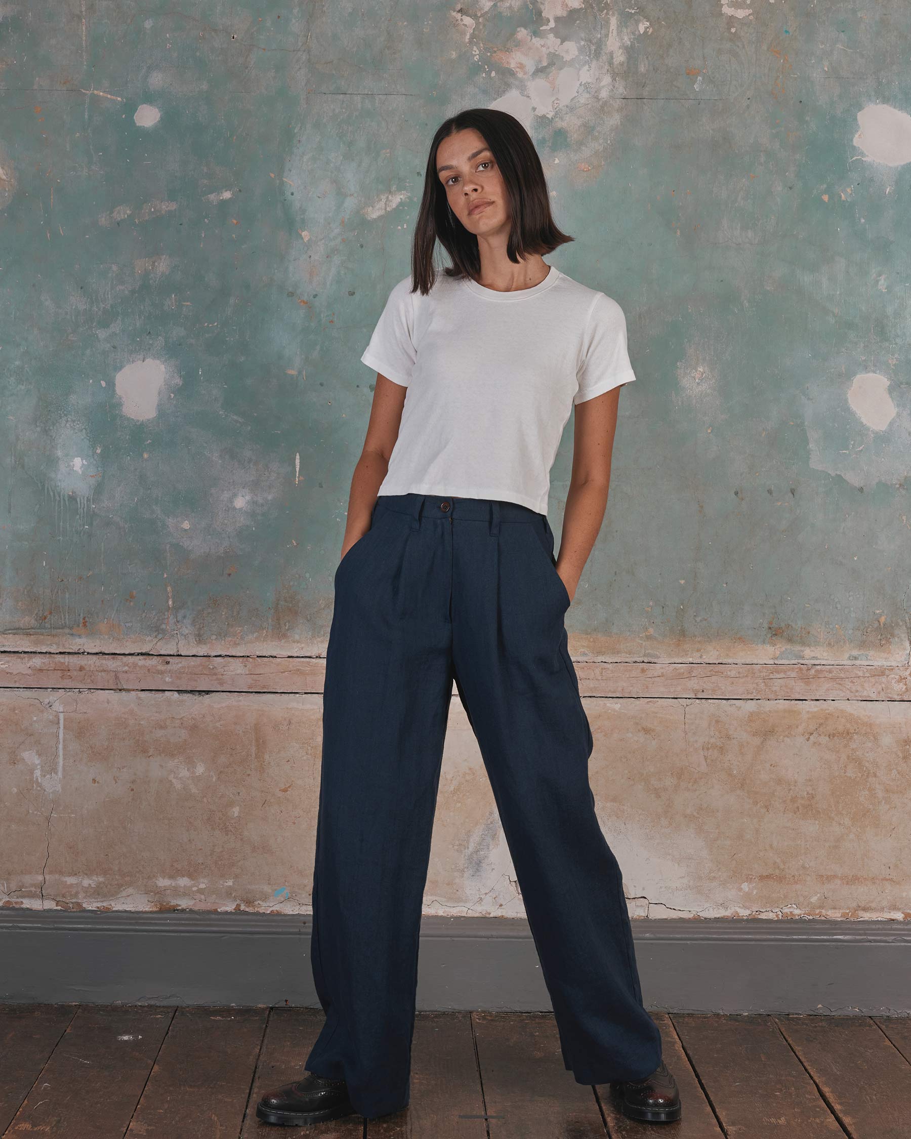 Wide Leg, Pleated Linen Trousers No.16 in Mariner Blue