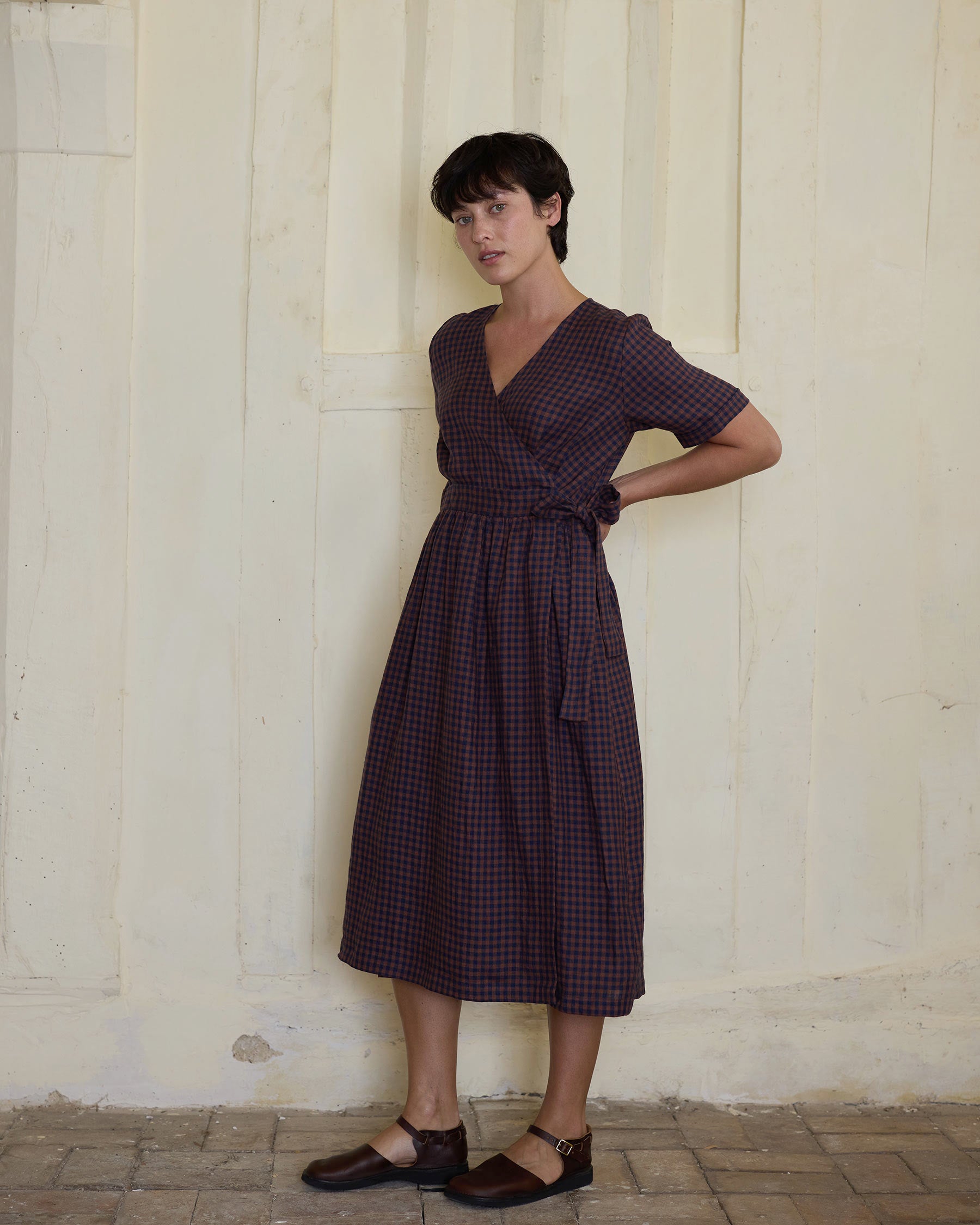 Linen Wrap Dress in Princelet Check Pyne Smith