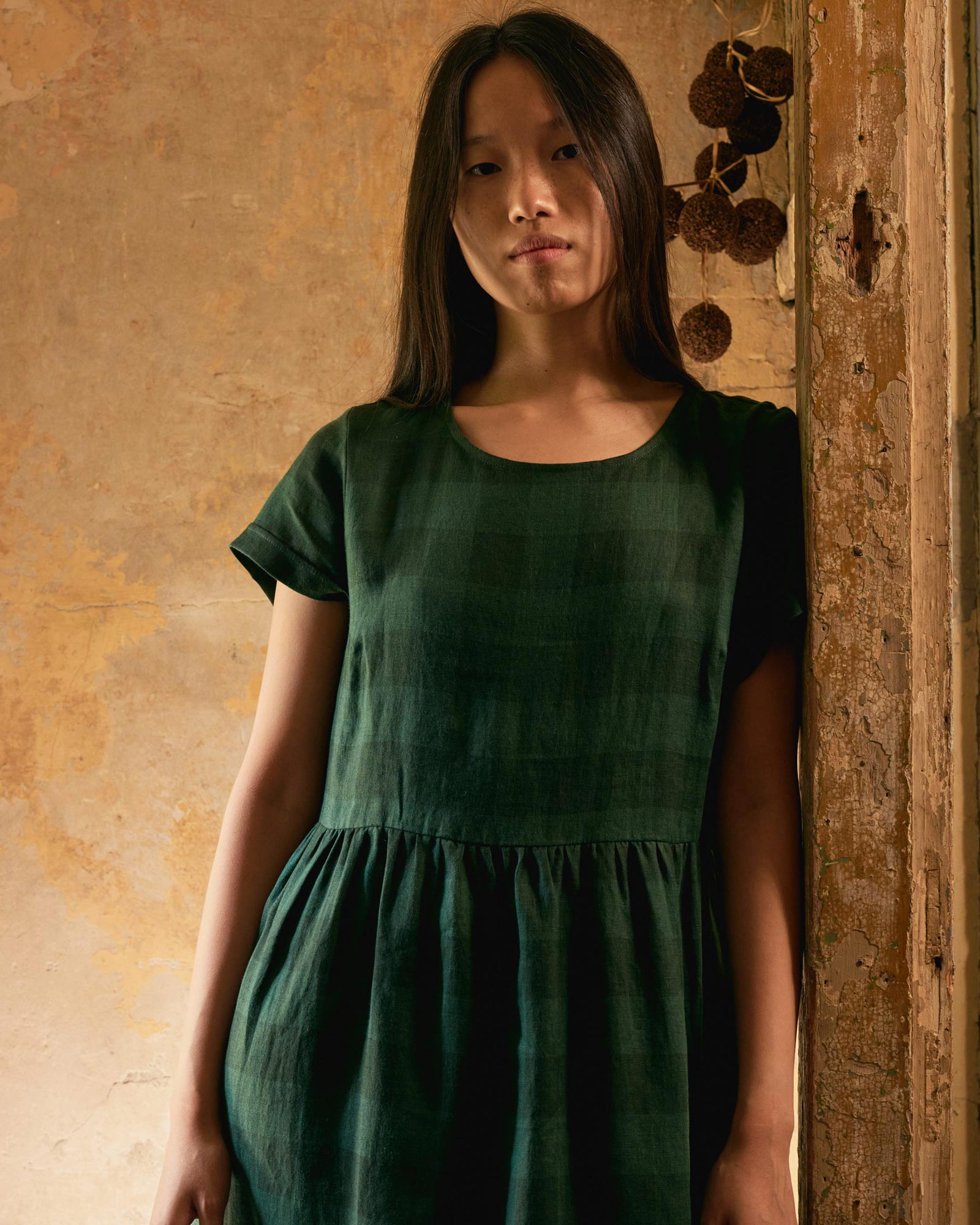 Linen Day Dress in Woodland Green Check | Pyne & Smith Linen Day Dress in Woodland Green Check | Pyne & Smith