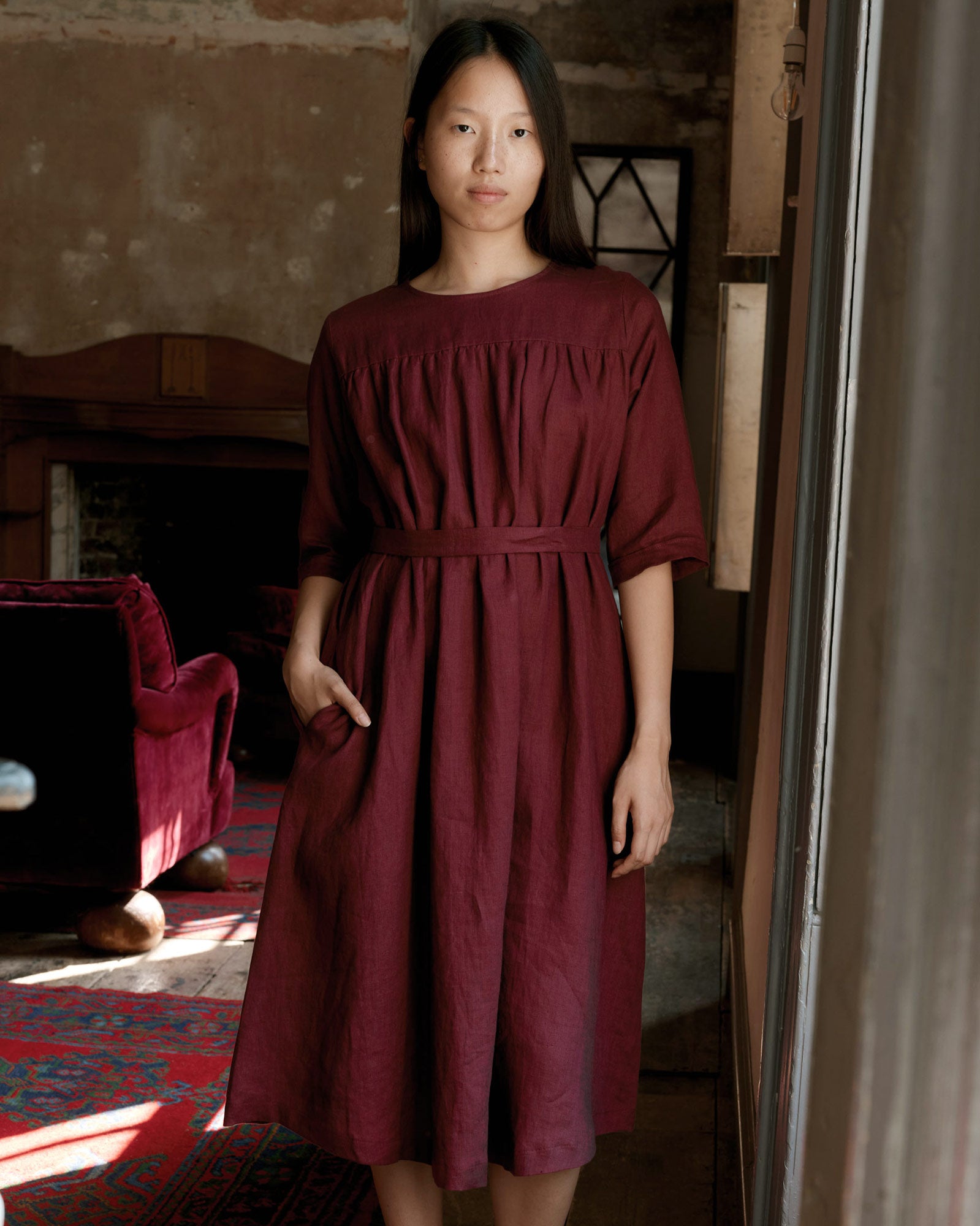 No.35 Maxi Length Linen Dress in Tawny Port