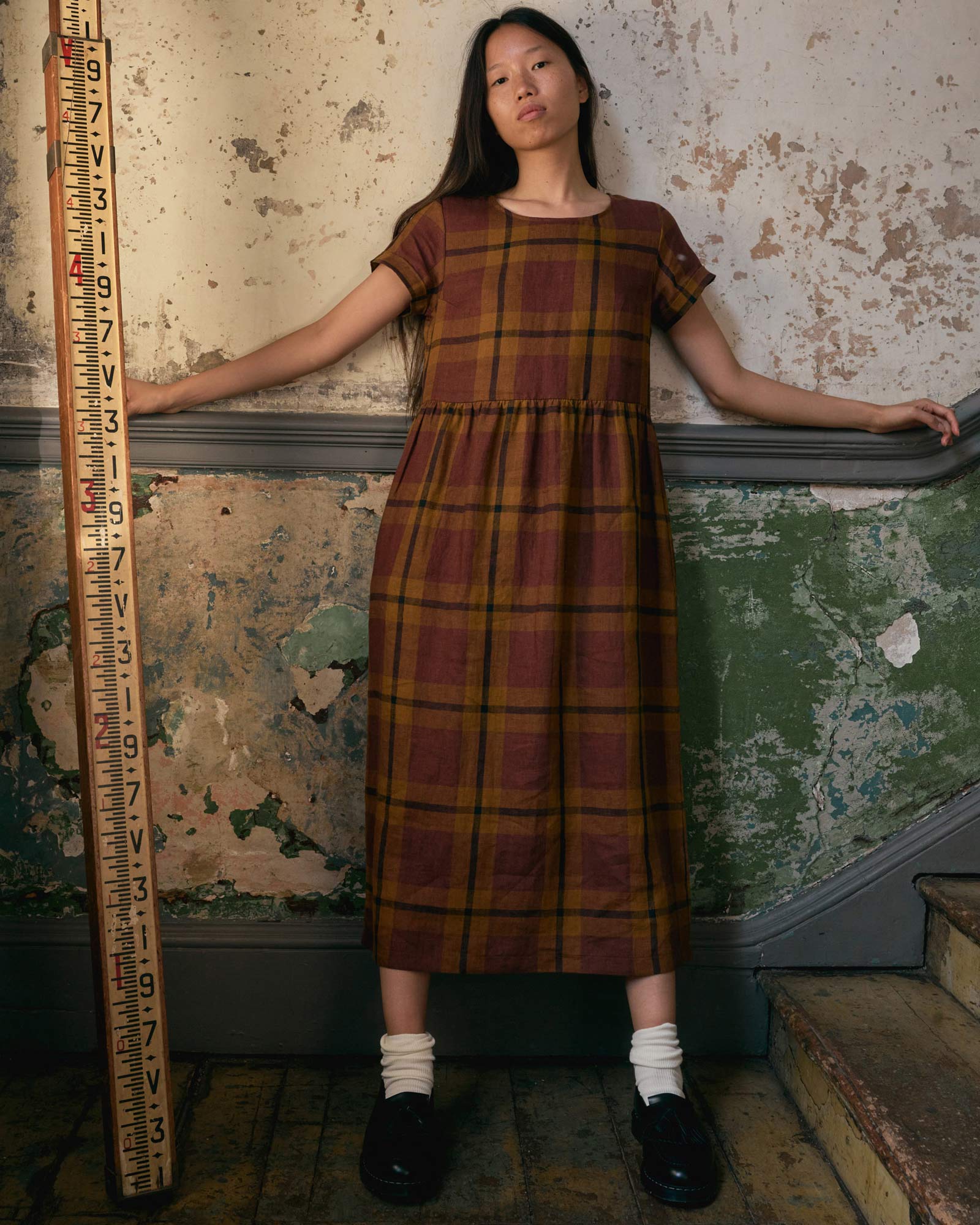 No.17 Full Length Linen Tea Dress in Tobacco Plaid