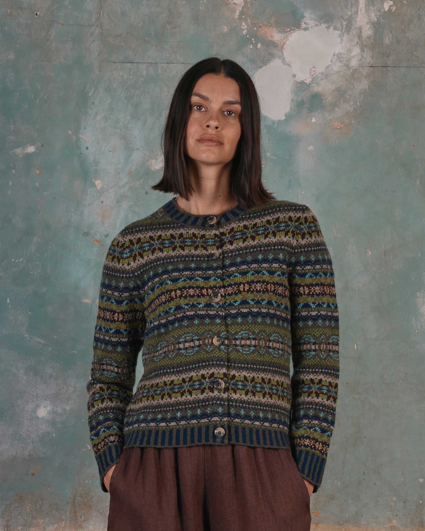 Fair Isle Lambswool Cardigan in Loden