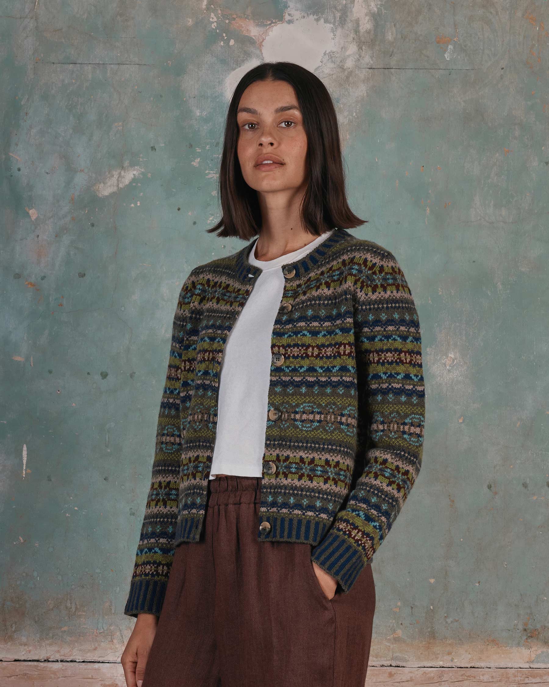 Fair Isle Lambswool Cardigan in Loden