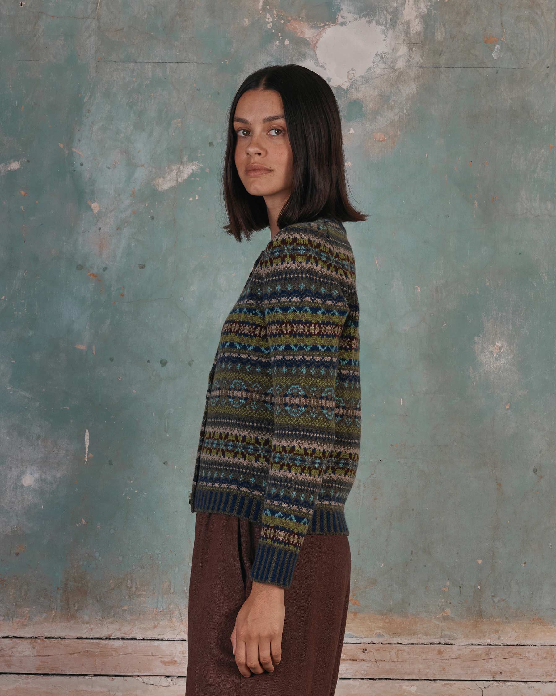 Fair Isle Lambswool Cardigan in Loden