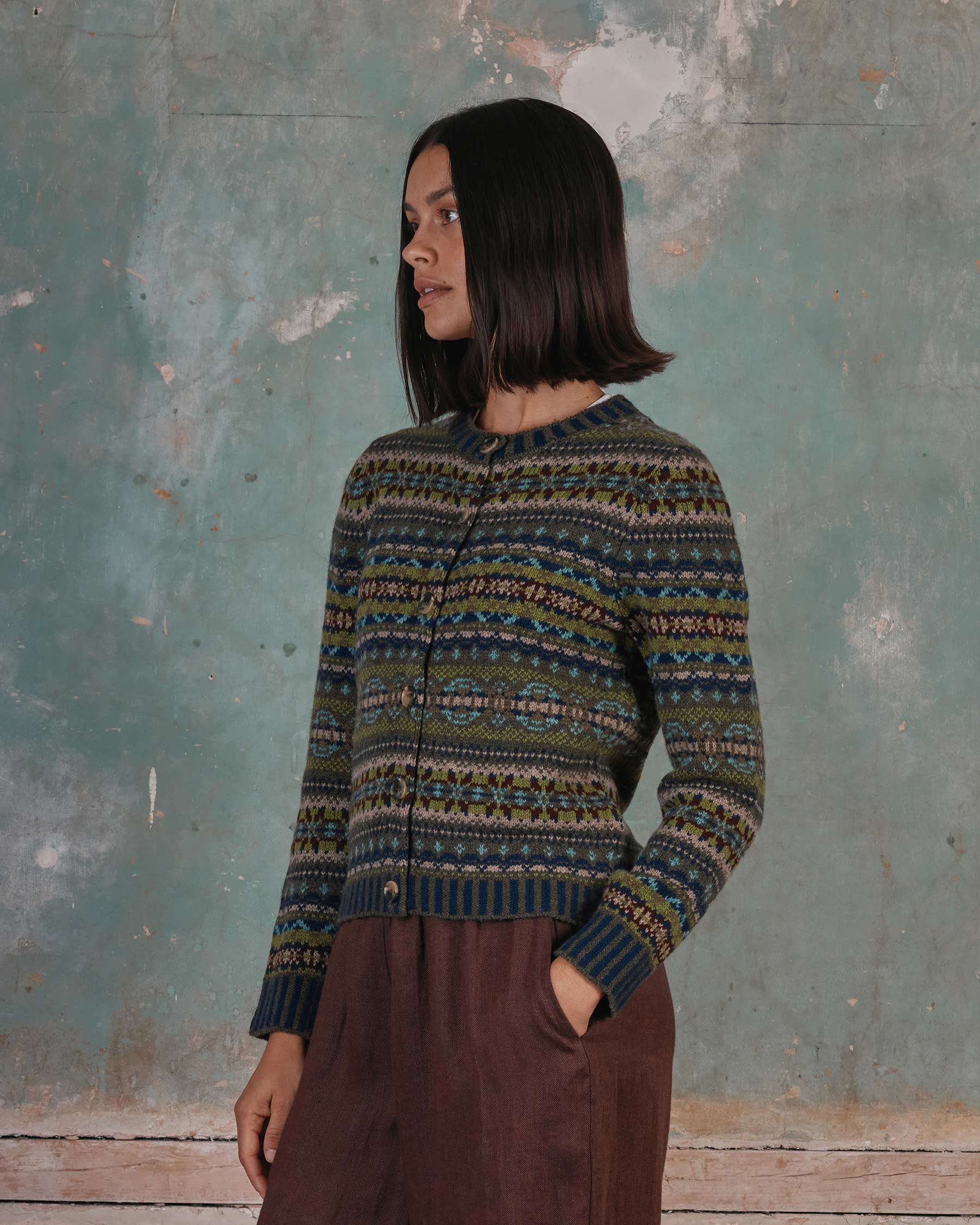Fair Isle Lambswool Cardigan in Loden
