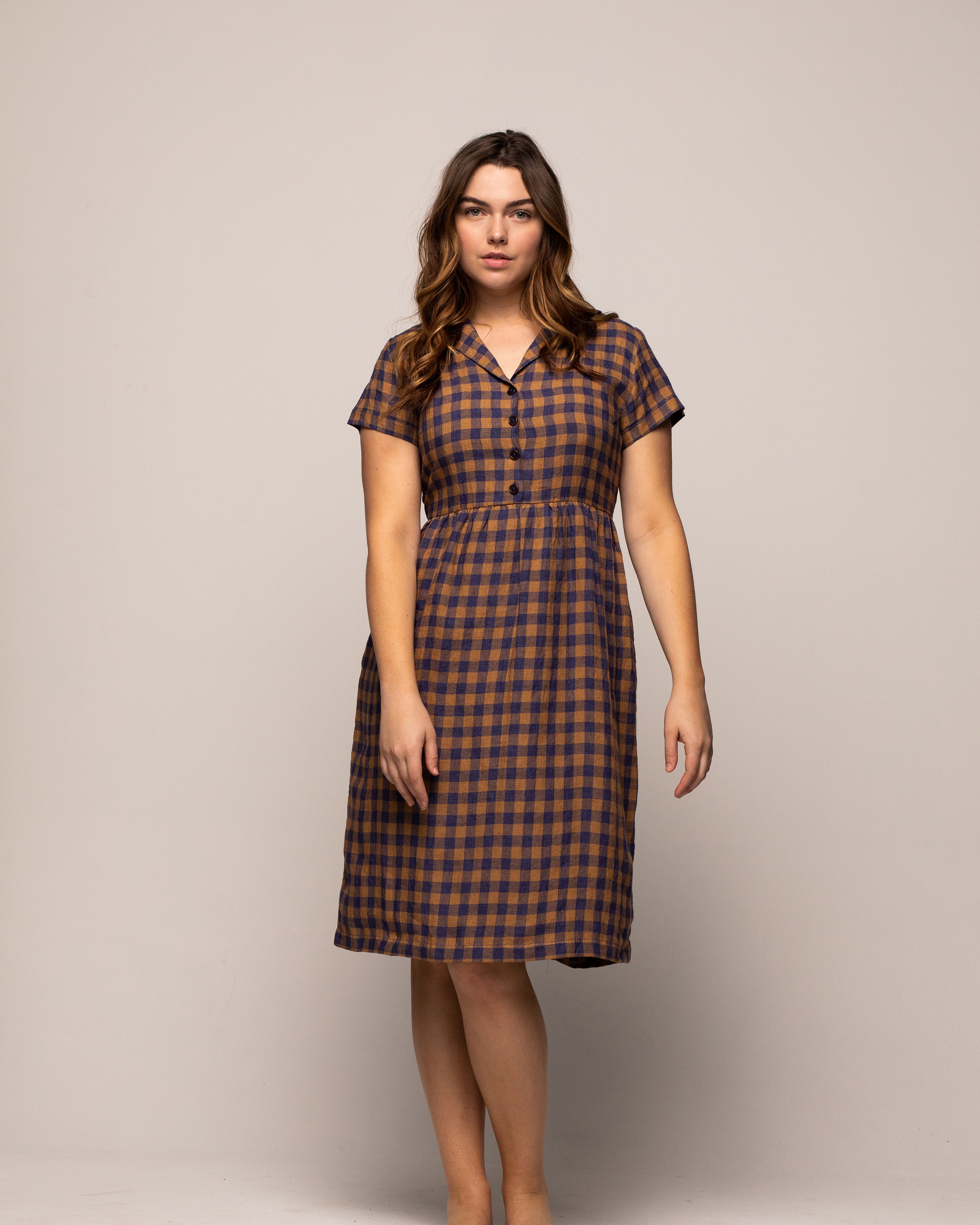 Model No.30 Dress in Guernsey Check Linen - Pyne and Smith Clothiers