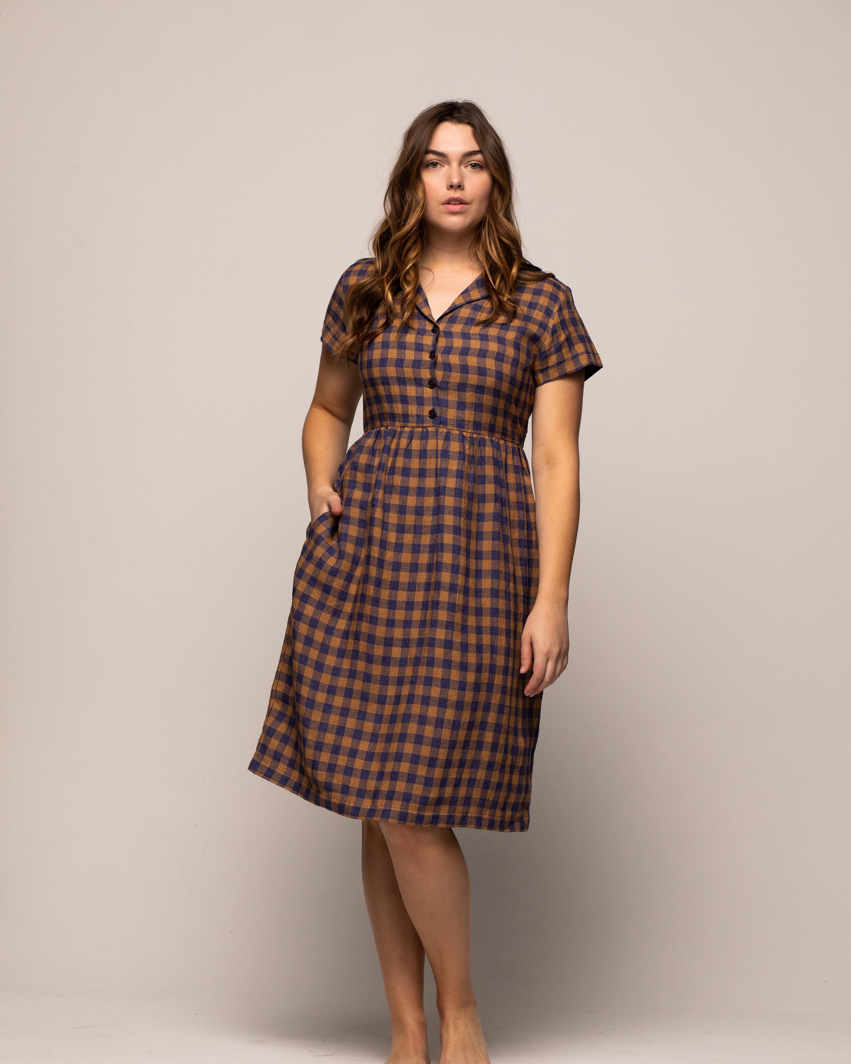 Model No.30 Dress in Guernsey Check Linen - Pyne and Smith Clothiers