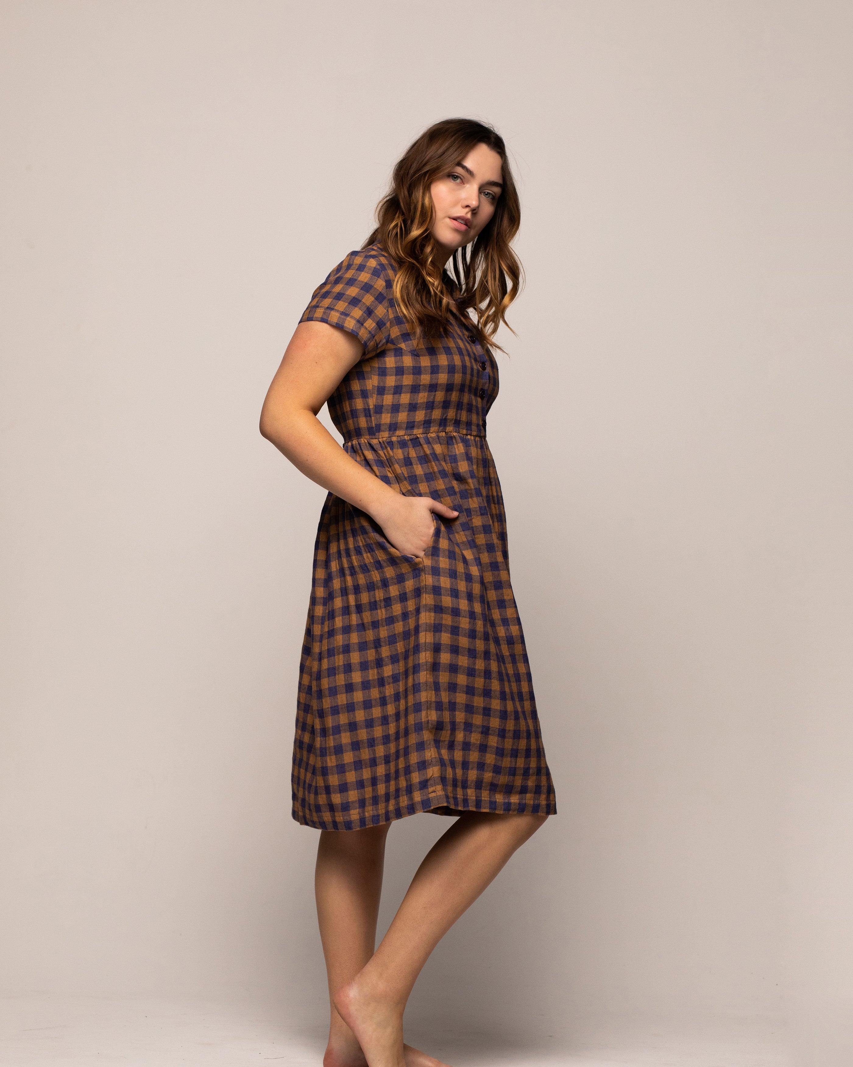 Model No.30 Dress in Guernsey Check Linen - Pyne and Smith Clothiers