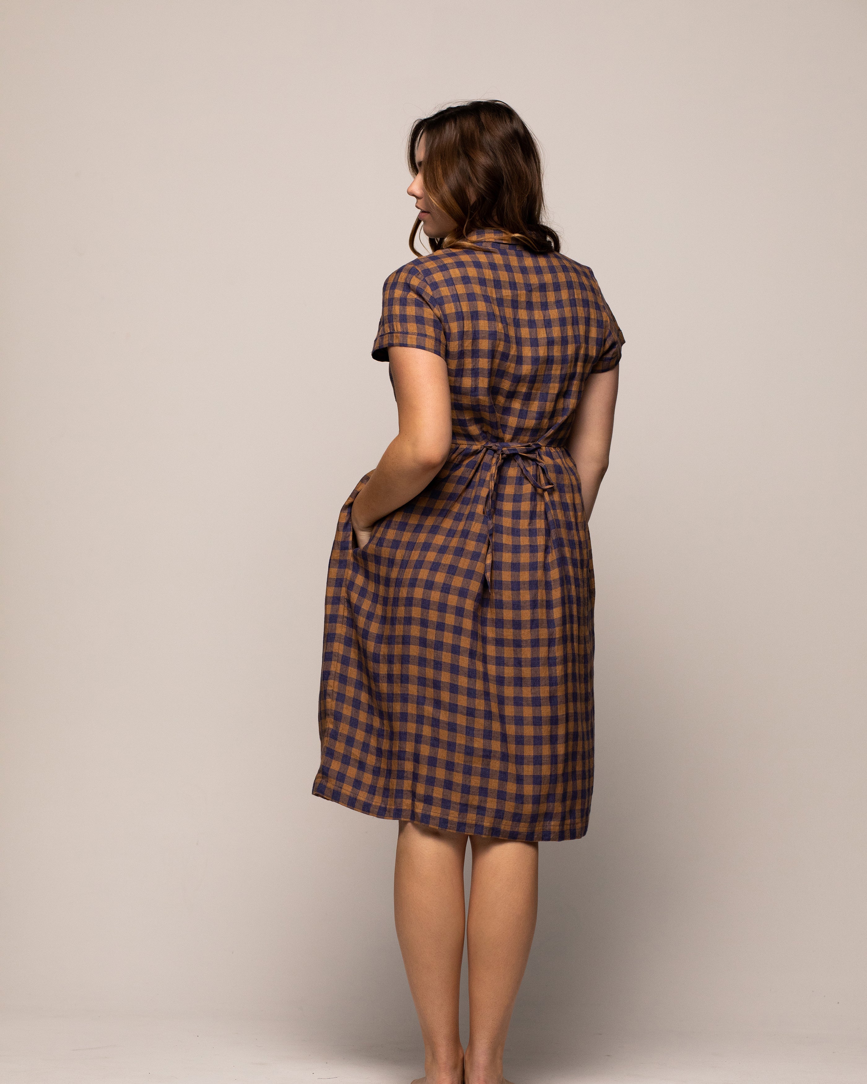 Model No.30 Dress in Guernsey Check Linen - Pyne and Smith Clothiers